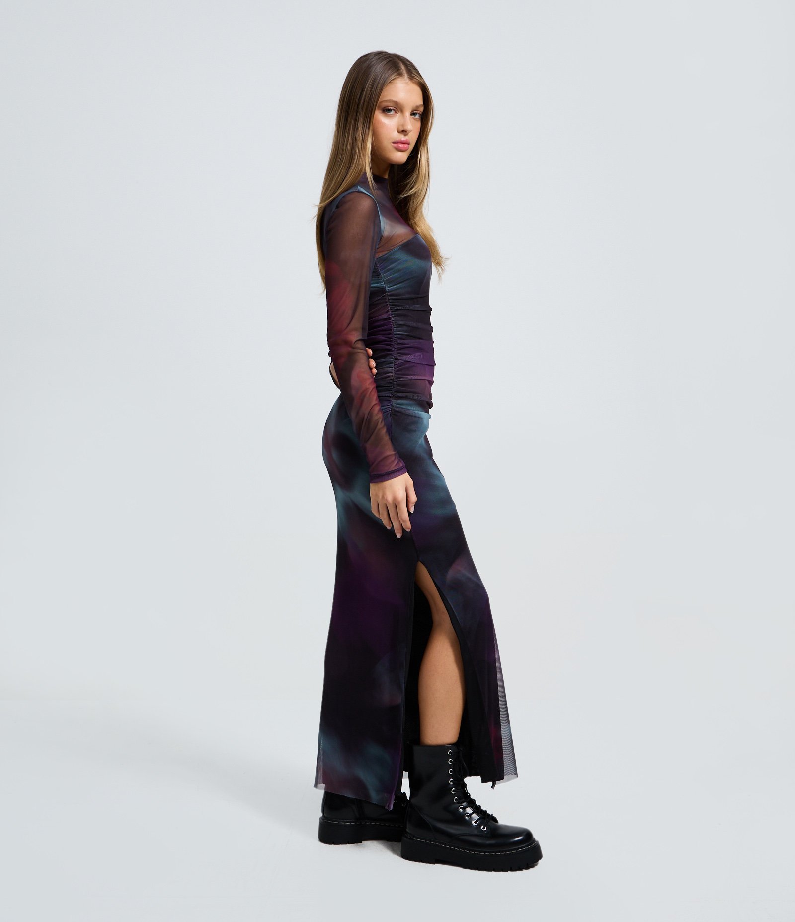 Vestido Midi em Tule com Efeito Manchado e Franzidos Preto 1