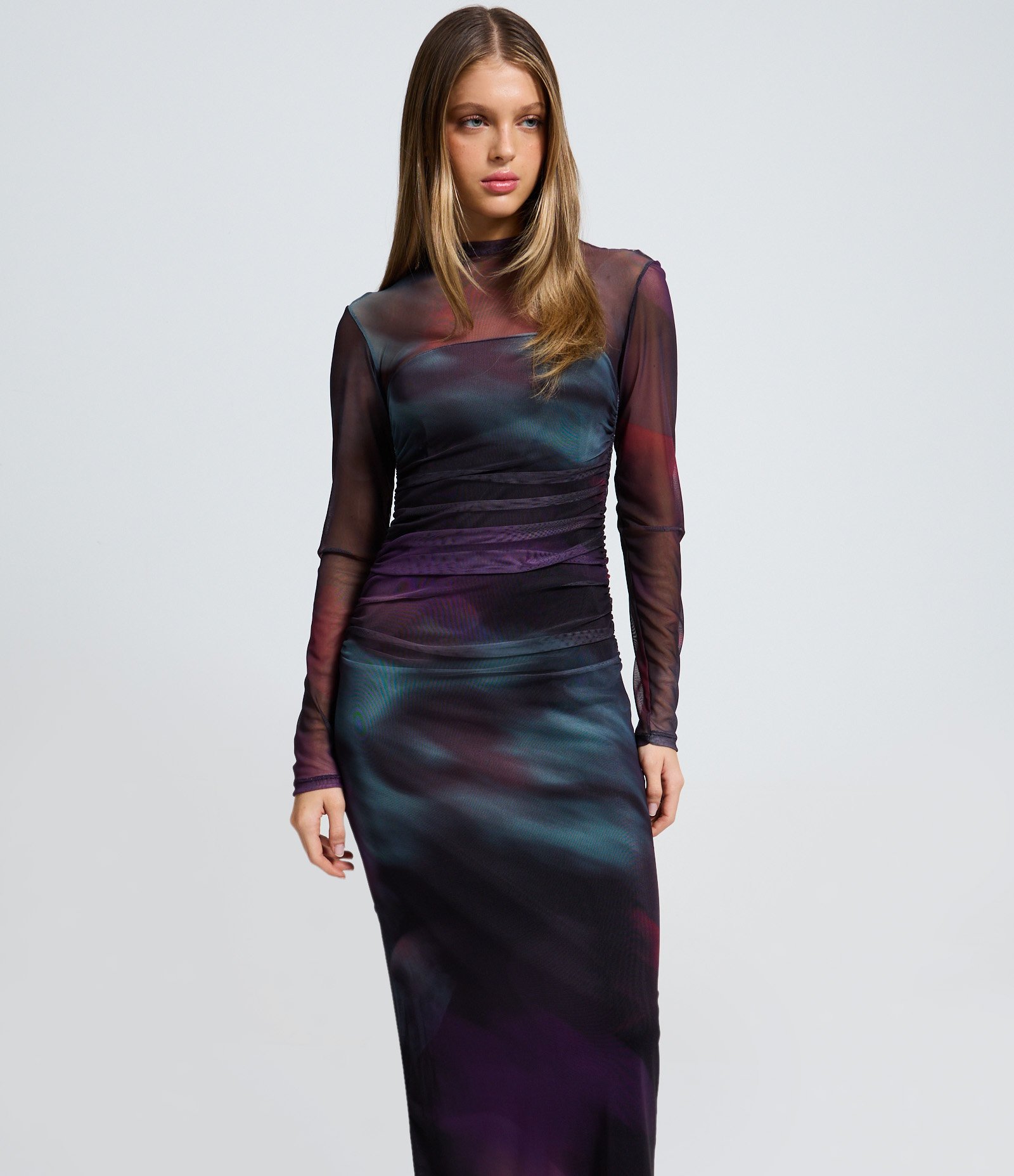 Vestido Midi em Tule com Efeito Manchado e Franzidos Preto 2
