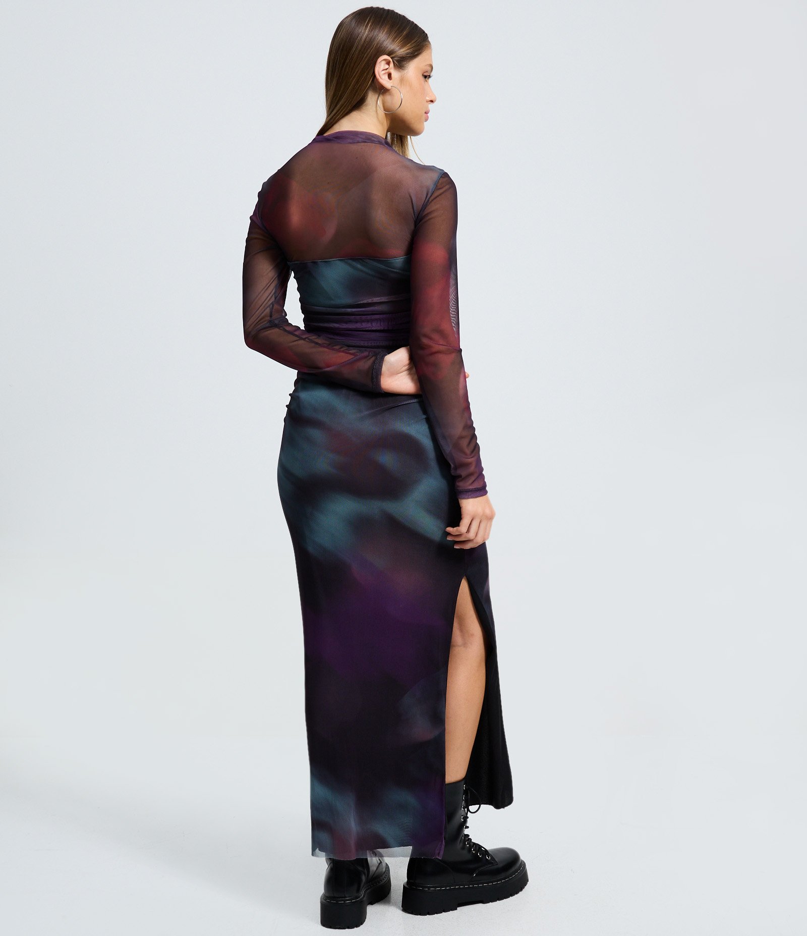 Vestido Midi em Tule com Efeito Manchado e Franzidos Preto 4