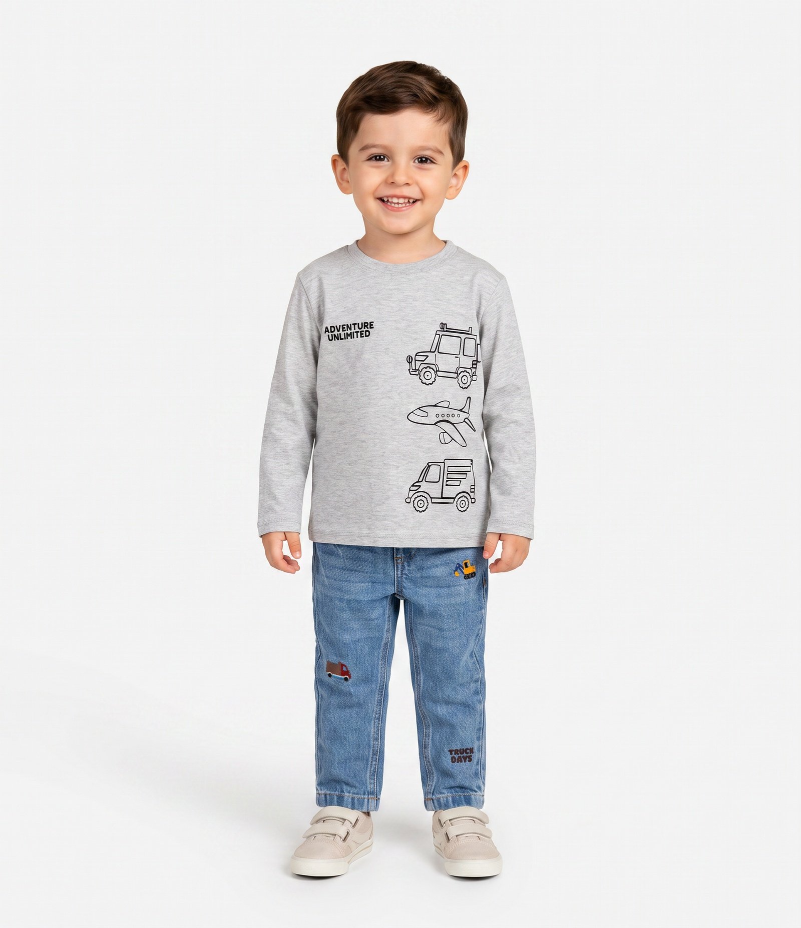 Camiseta Infantil com Estampa Avião e Carros – Tam 1 a 6 Anos Cinza Claro 1