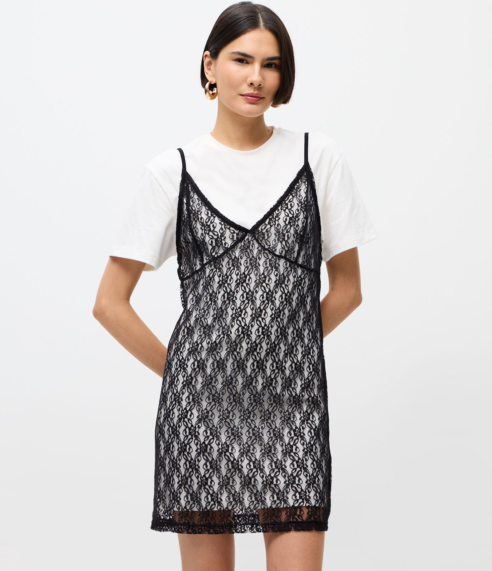 Vestido Curto com Sobreposição em Renda Branco 2