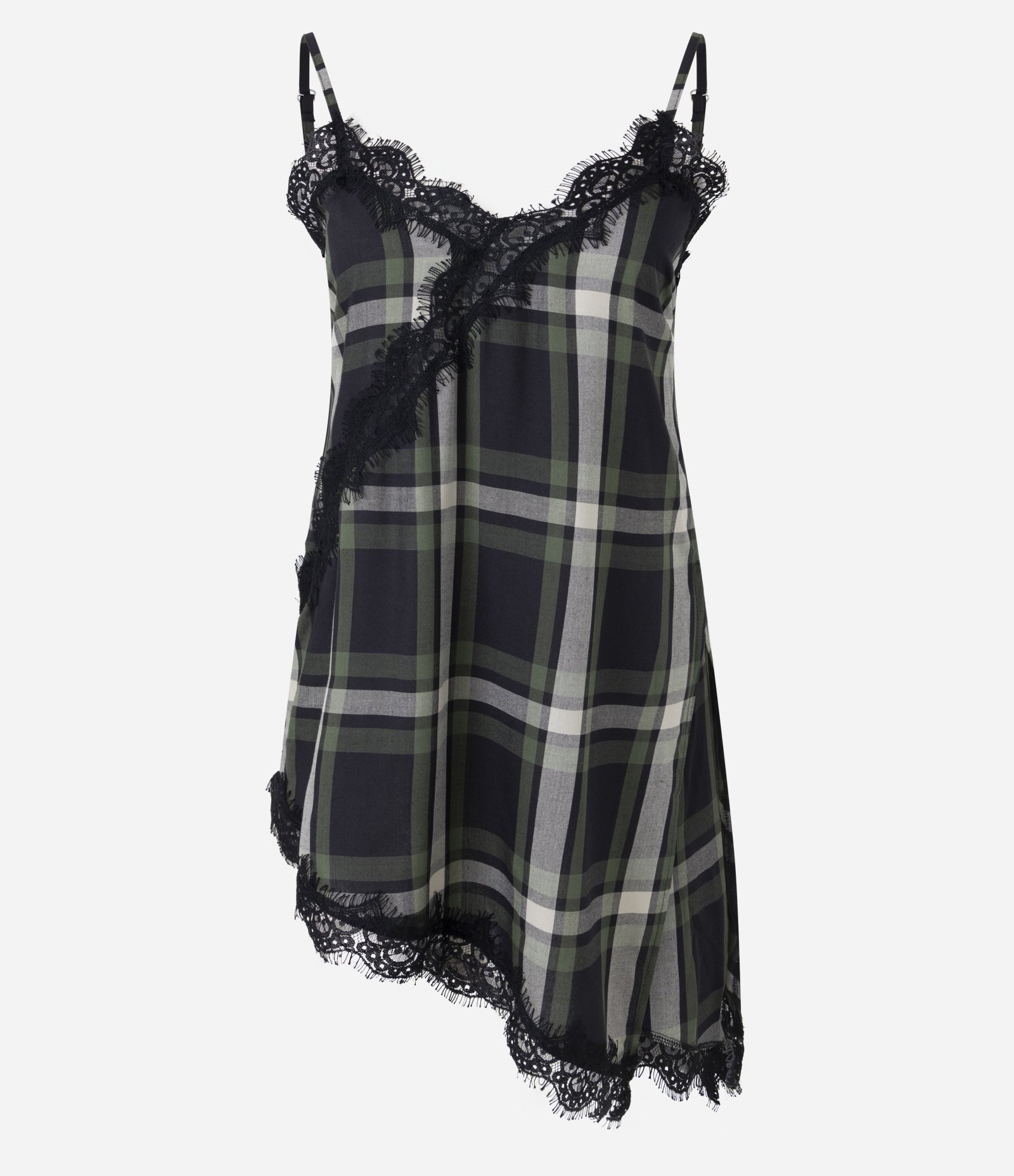 Blusa Xadrez com Renda e Barra Assimétrica Verde 1