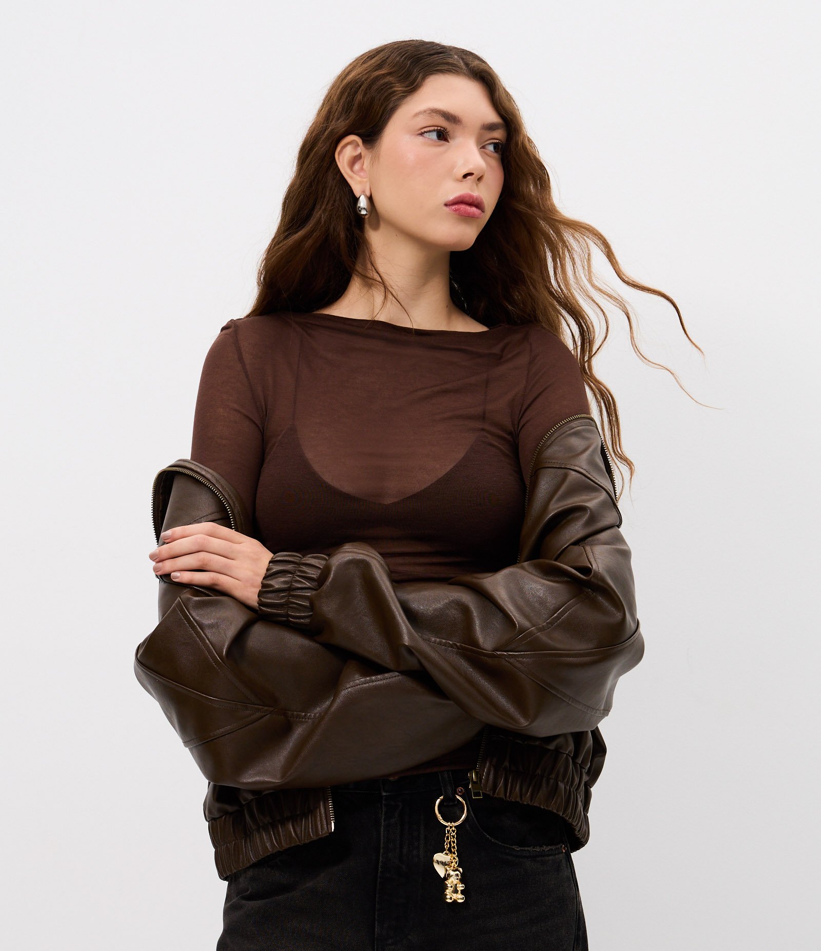 Blusa Manga Longa com Transparência Sutil Marrom 1