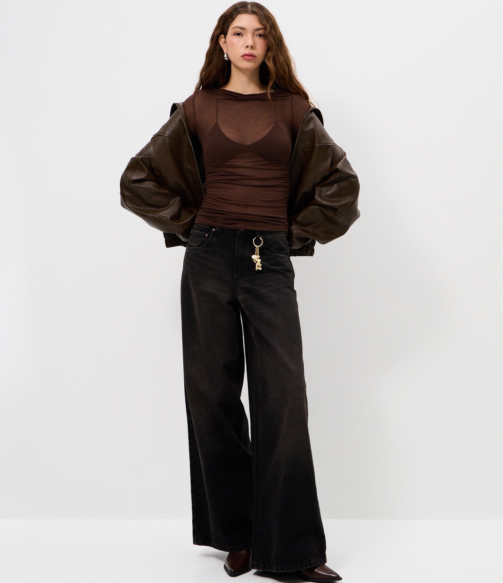 Blusa Manga Longa com Transparência Sutil Marrom 2