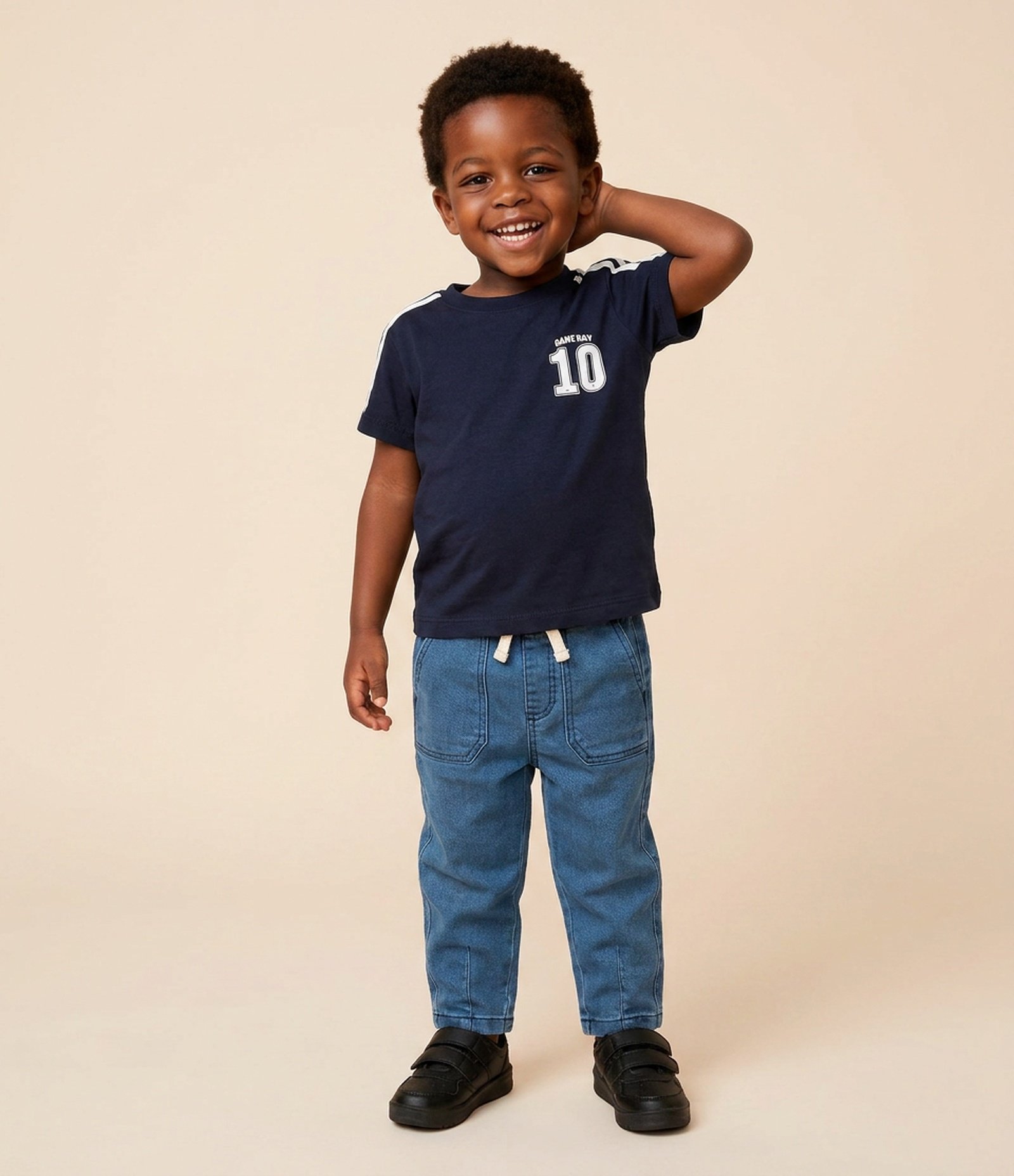 Camiseta Infantil com Lettering Game Day e Listras Contrastante – Tam 1 a 6 Anos Azul Marinho 1