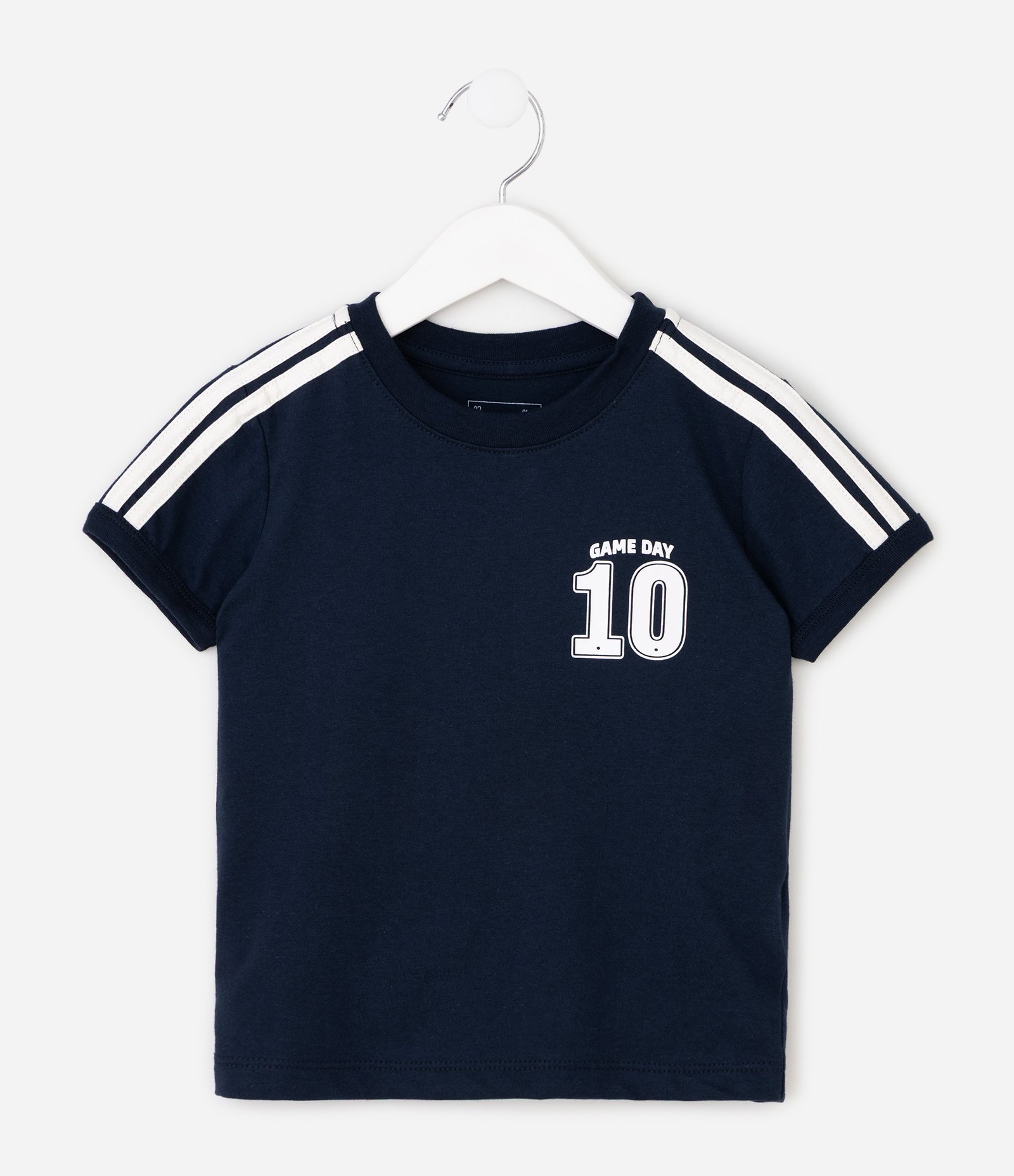 Camiseta Infantil com Lettering Game Day e Listras Contrastante – Tam 1 a 6 Anos Azul Marinho 2