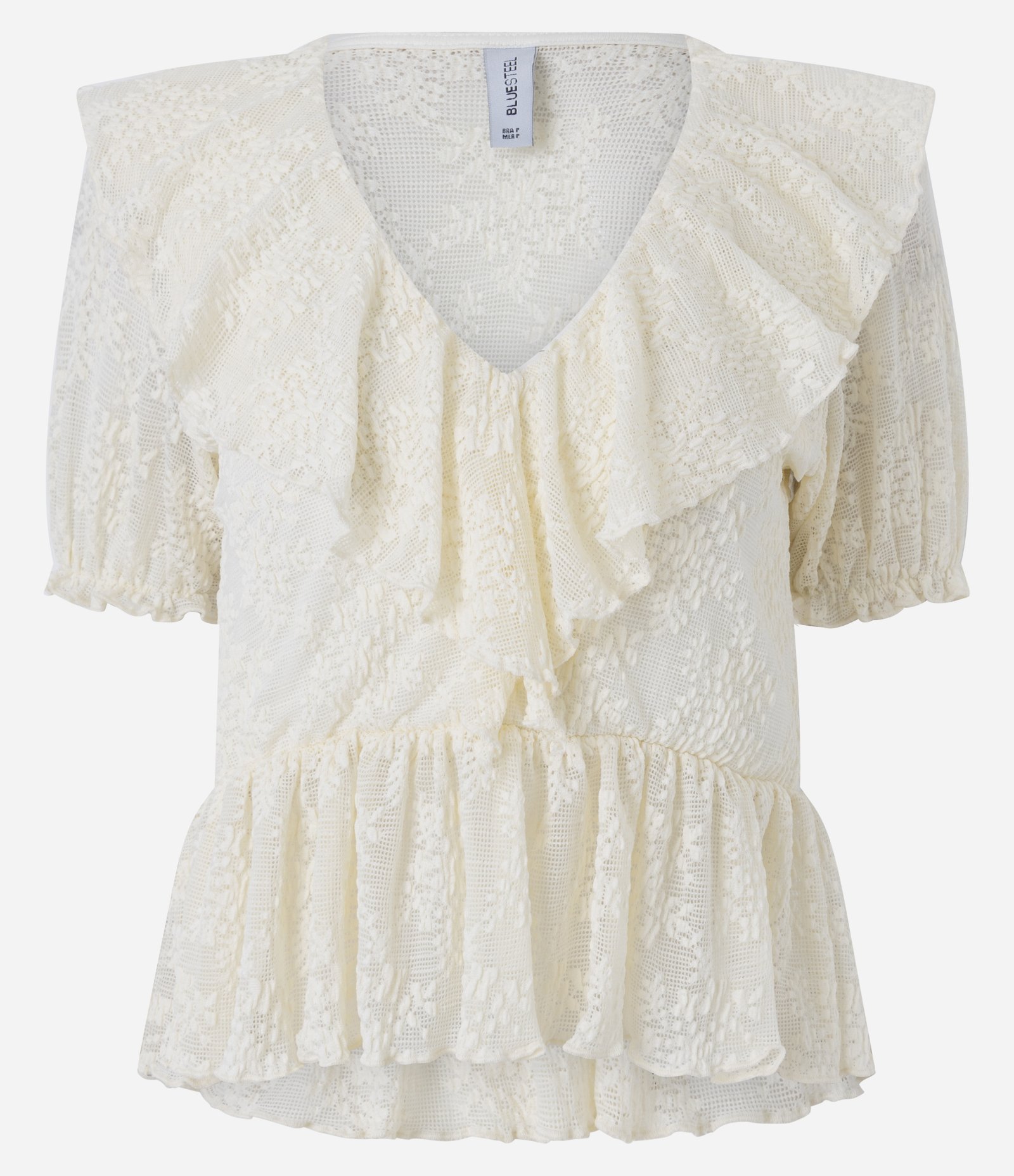 Blusa Manga Curta em Renda Texturizada com Babados no Decote Branco 1