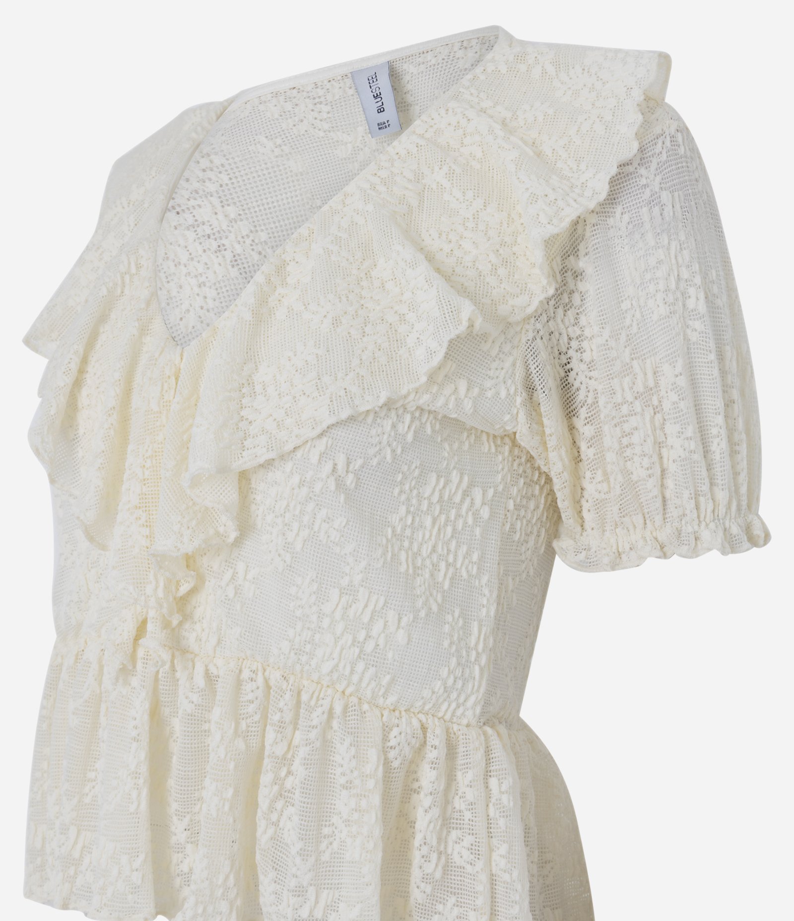 Blusa Manga Curta em Renda Texturizada com Babados no Decote Branco 2