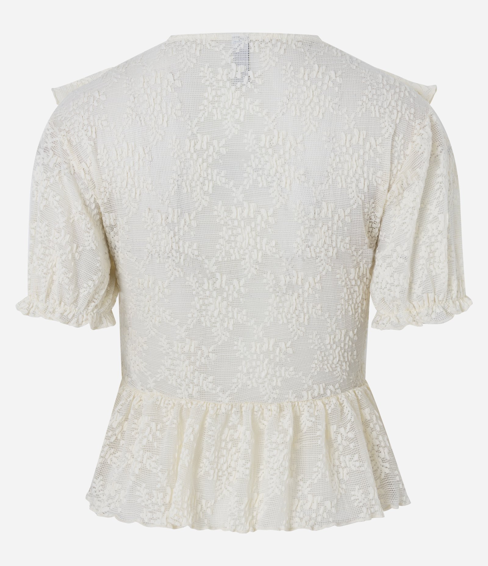 Blusa Manga Curta em Renda Texturizada com Babados no Decote Branco 3