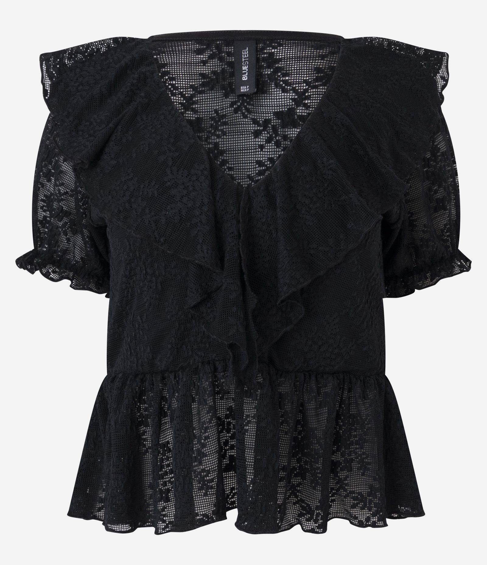 Blusa Manga Curta em Renda Texturizada com Babados no Decote Preto 1