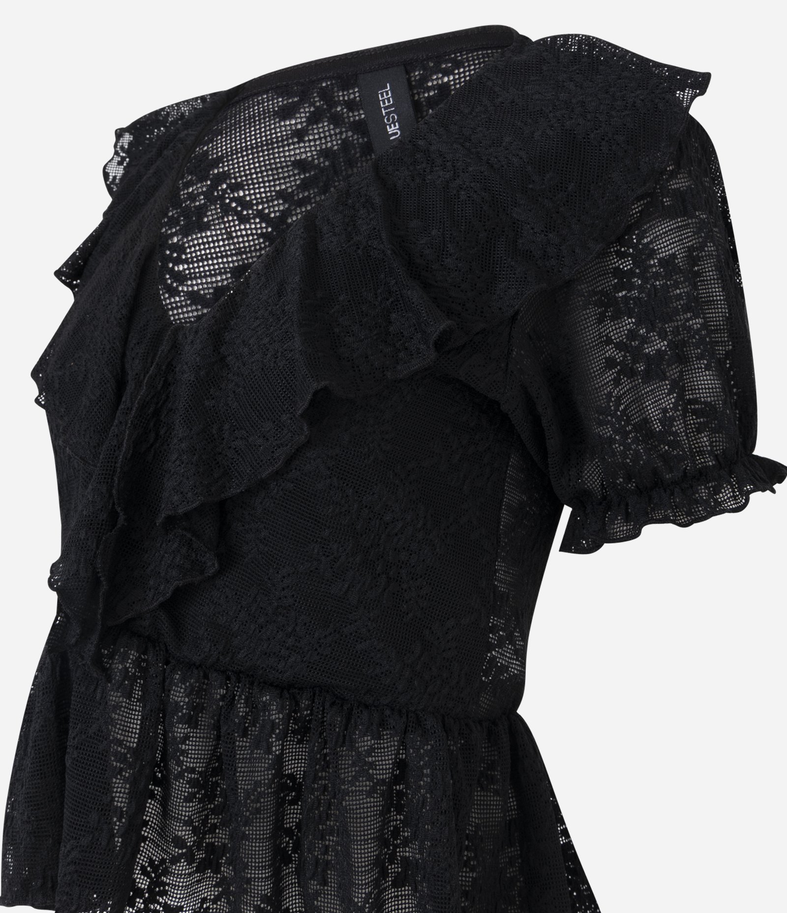Blusa Manga Curta em Renda Texturizada com Babados no Decote Preto 2