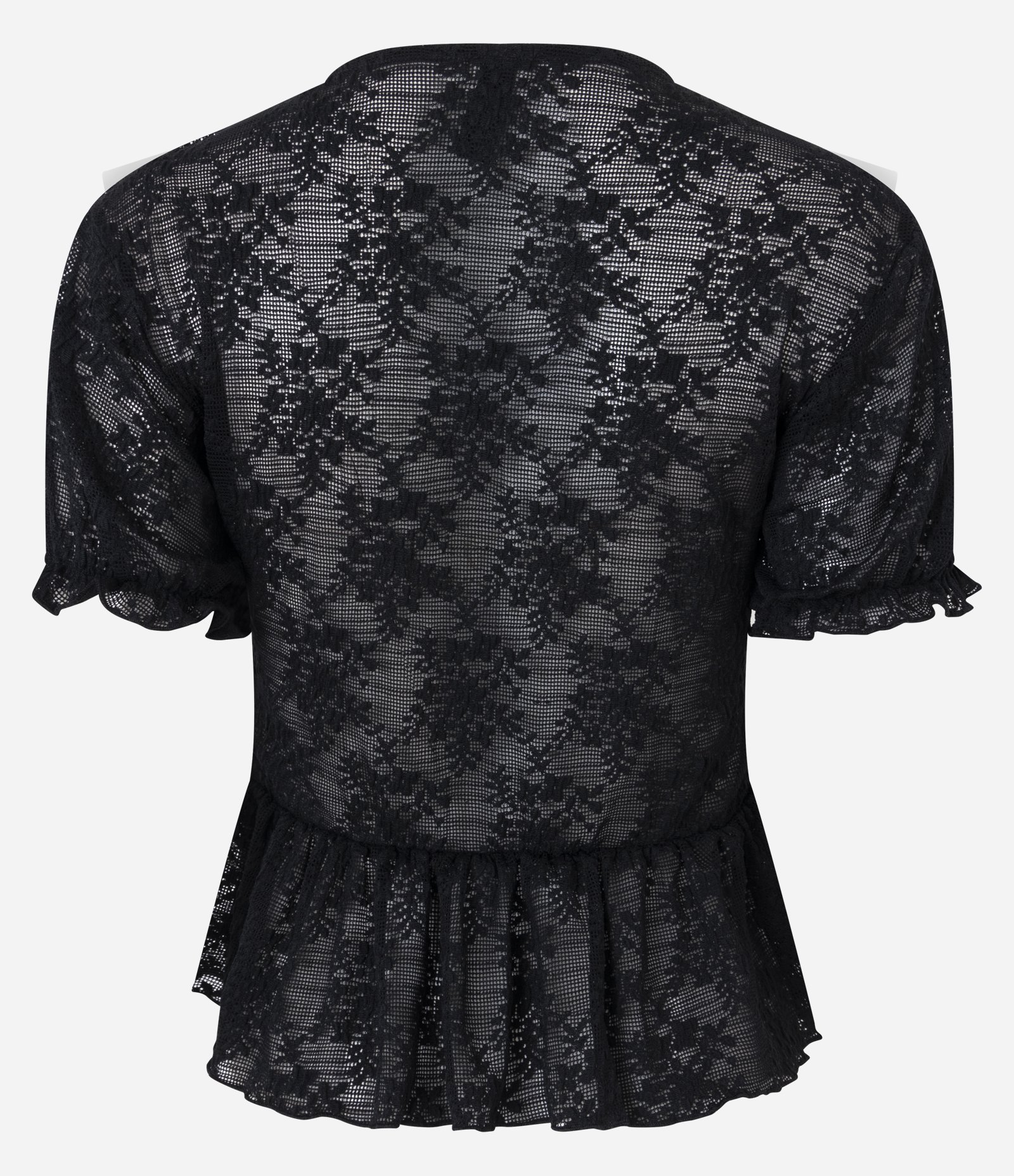 Blusa Manga Curta em Renda Texturizada com Babados no Decote Preto 3