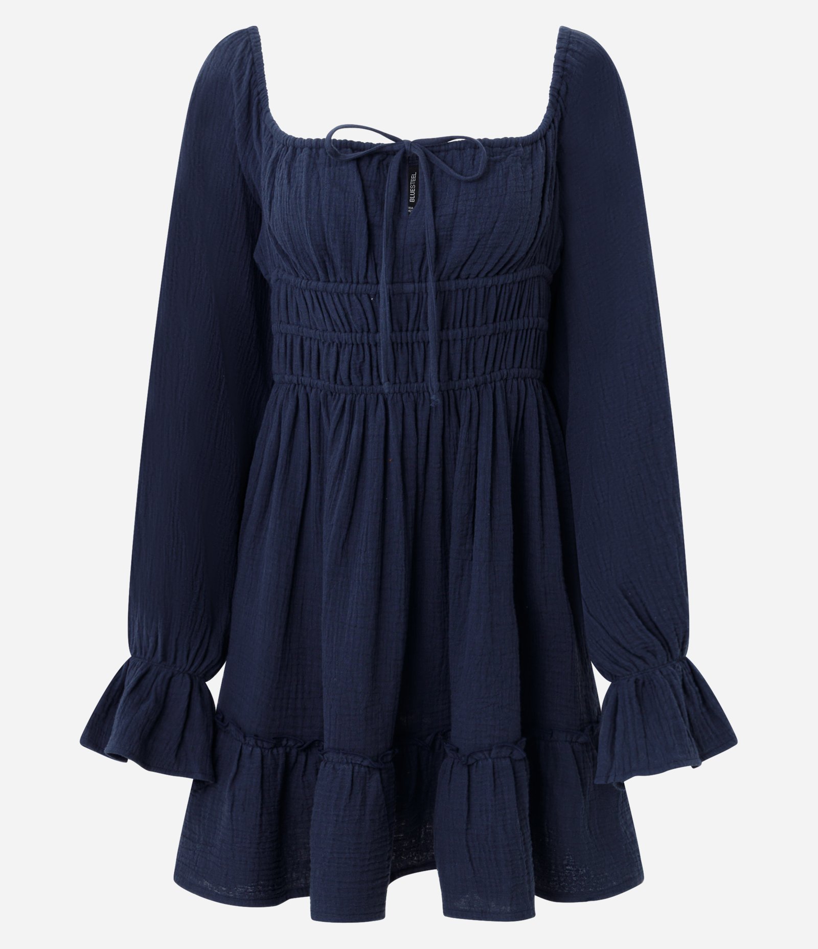 Vestido Curto em Cambraia de Algodão com Detalhe Franzido Abaixo do Busto Azul 5