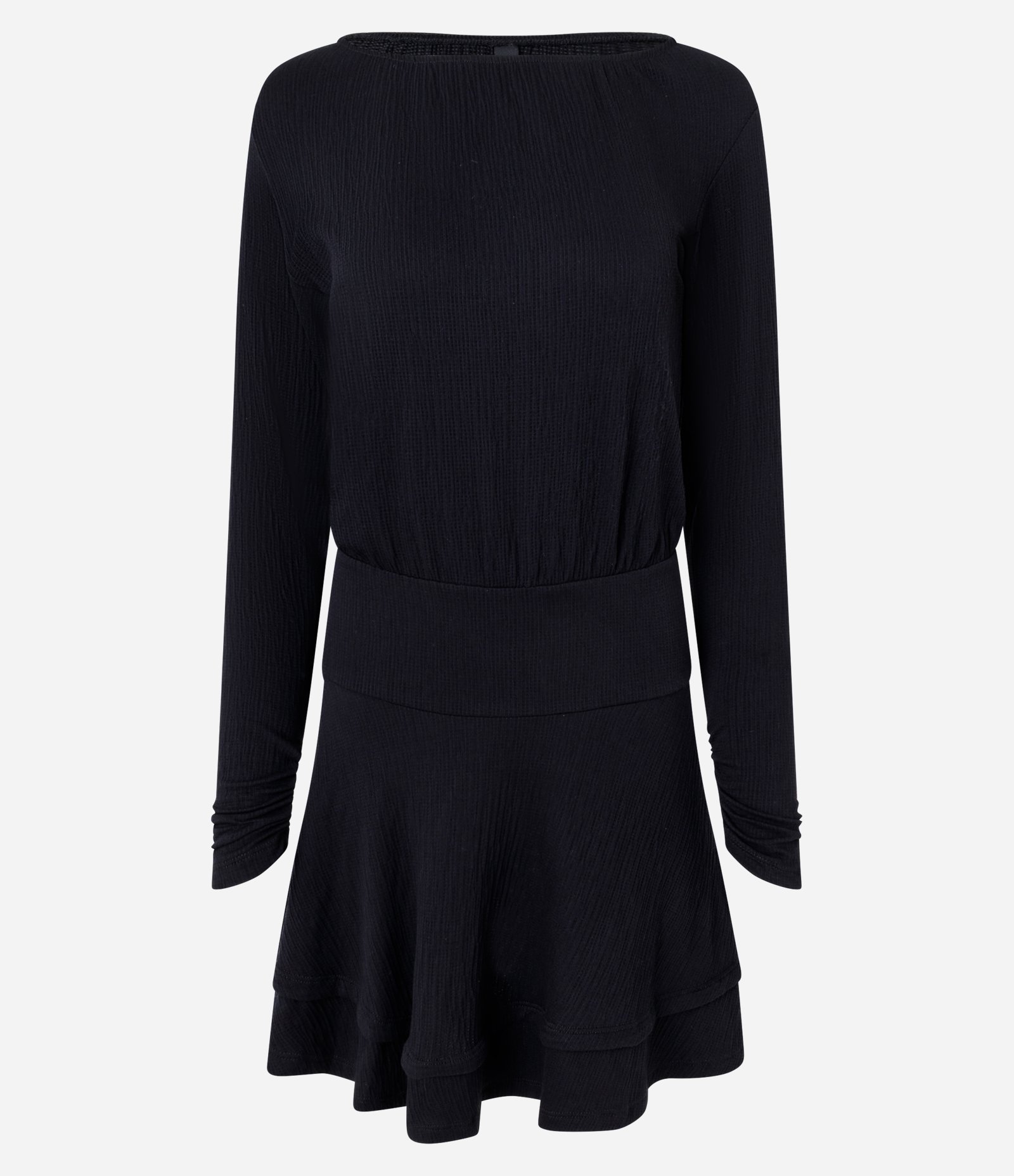 Vestido Curto Evasê em Viscose com Manga Longa e Babados Preto 1