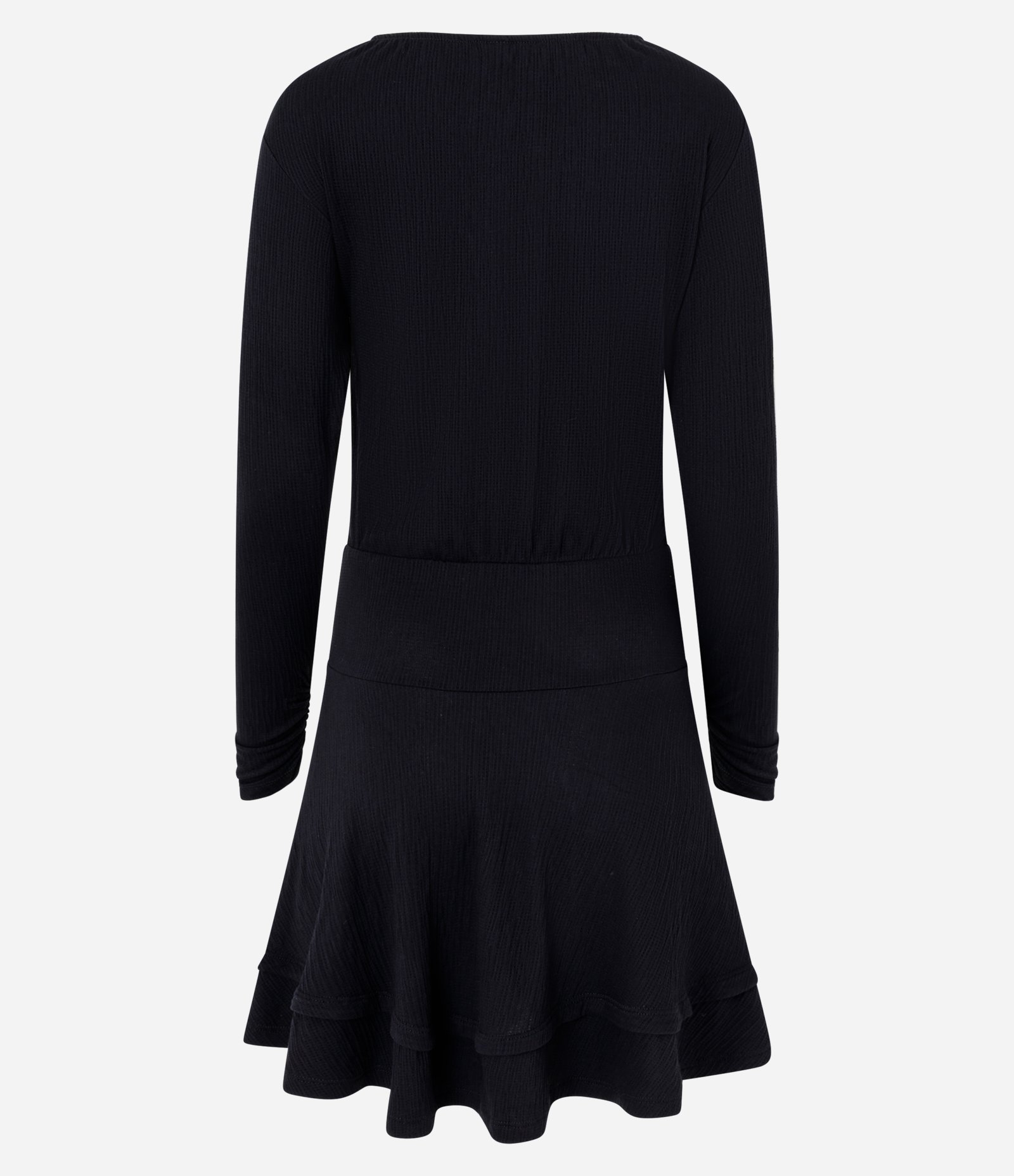 Vestido Curto Evasê em Viscose com Manga Longa e Babados Preto 3