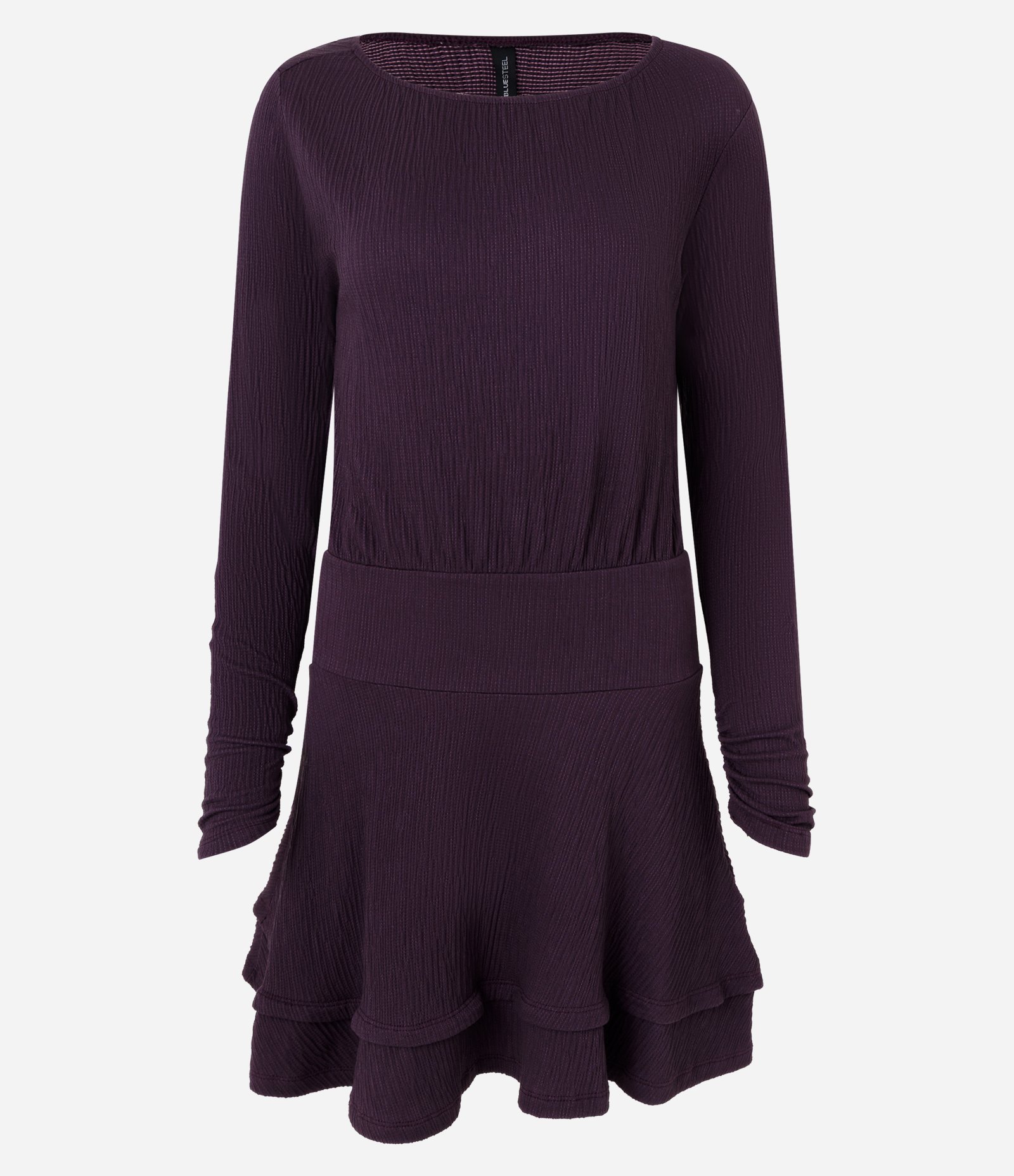 Vestido Curto Evasê em Viscose com Manga Longa e Babados Roxo 1
