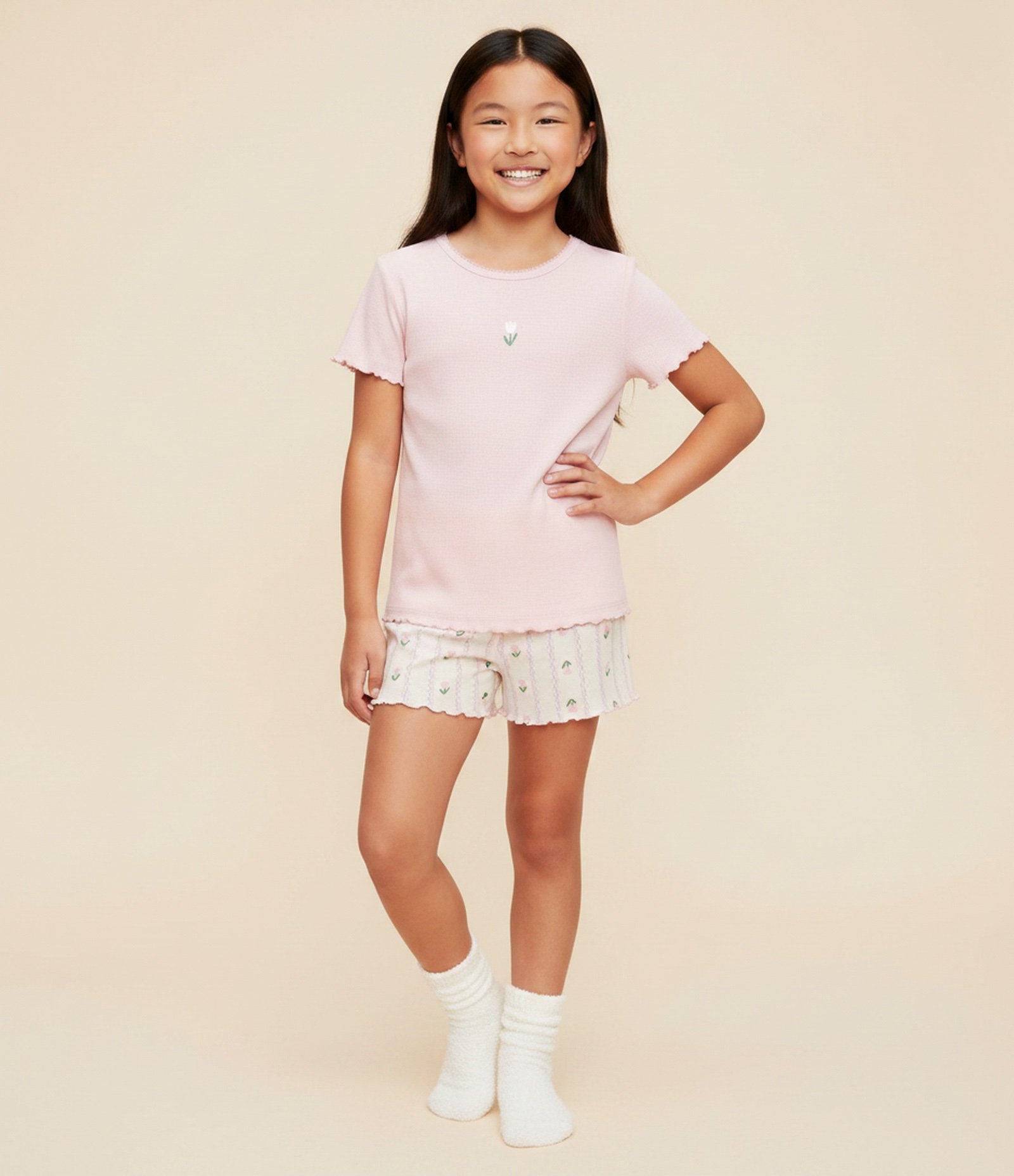 Pijama Curto Infantil em Ribana com Estampa Floral – Tam 5 a 14 Anos Rosa Claro 1