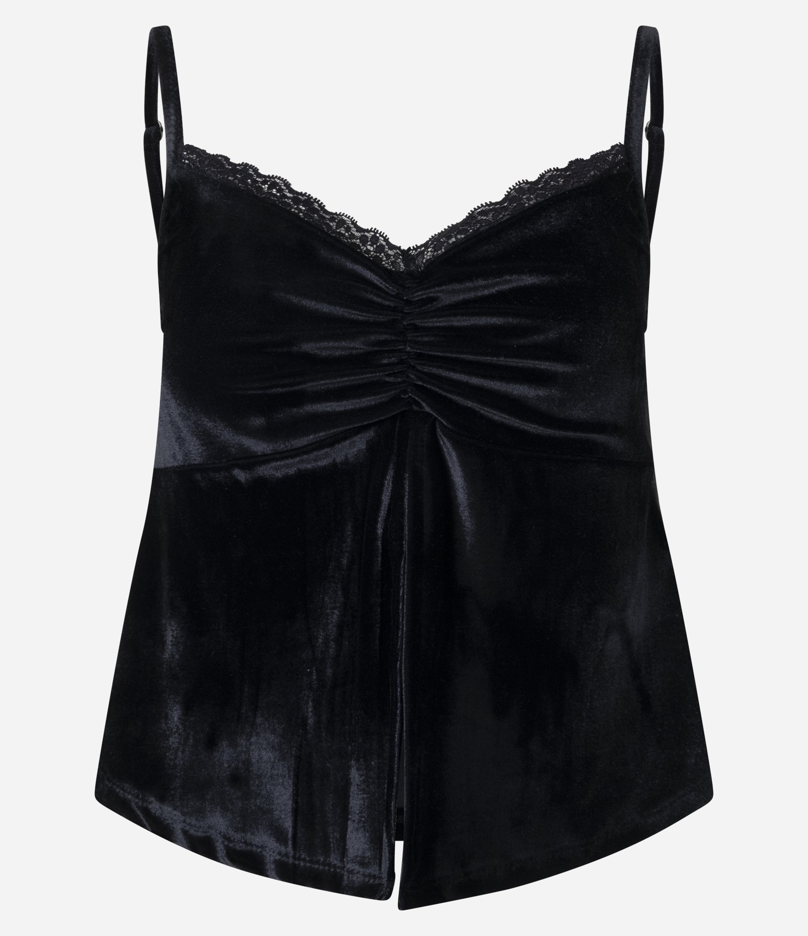 Blusa de Alcinha em Veludo com Abertura Frontal e Decote Rendado Preto 1