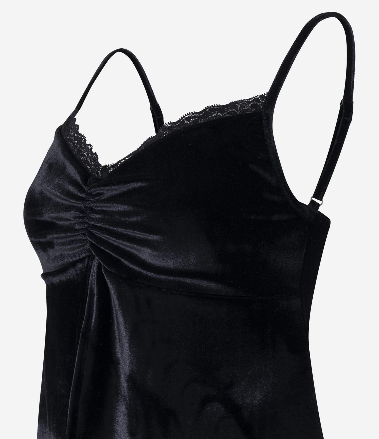 Blusa de Alcinha em Veludo com Abertura Frontal e Decote Rendado Preto 2