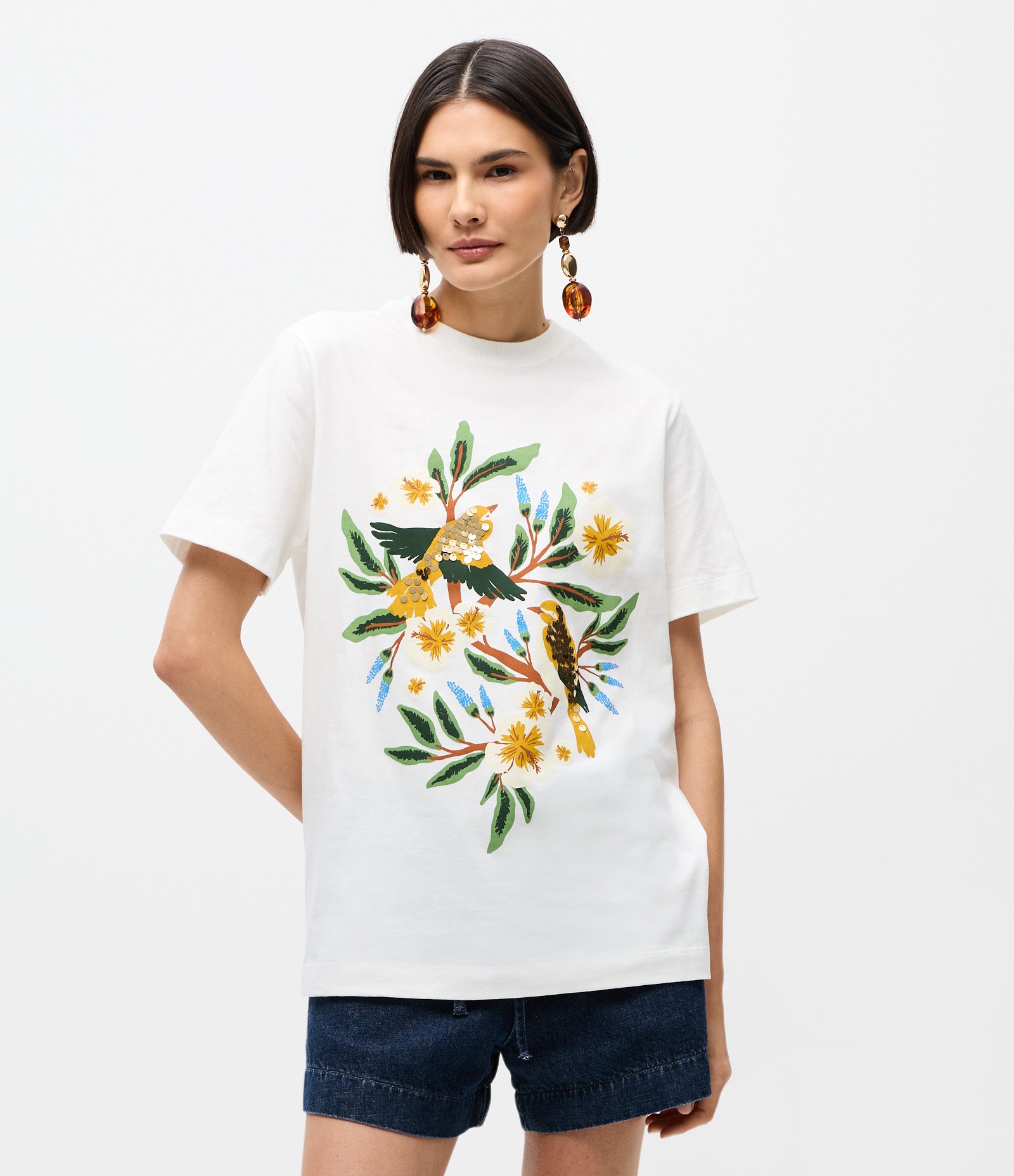 Camiseta em Algodão com Estampa Bordada de Pássaros Branco 1