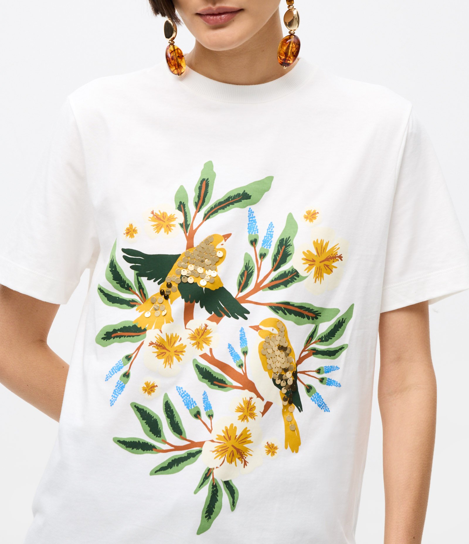 Camiseta em Algodão com Estampa Bordada de Pássaros Branco 3