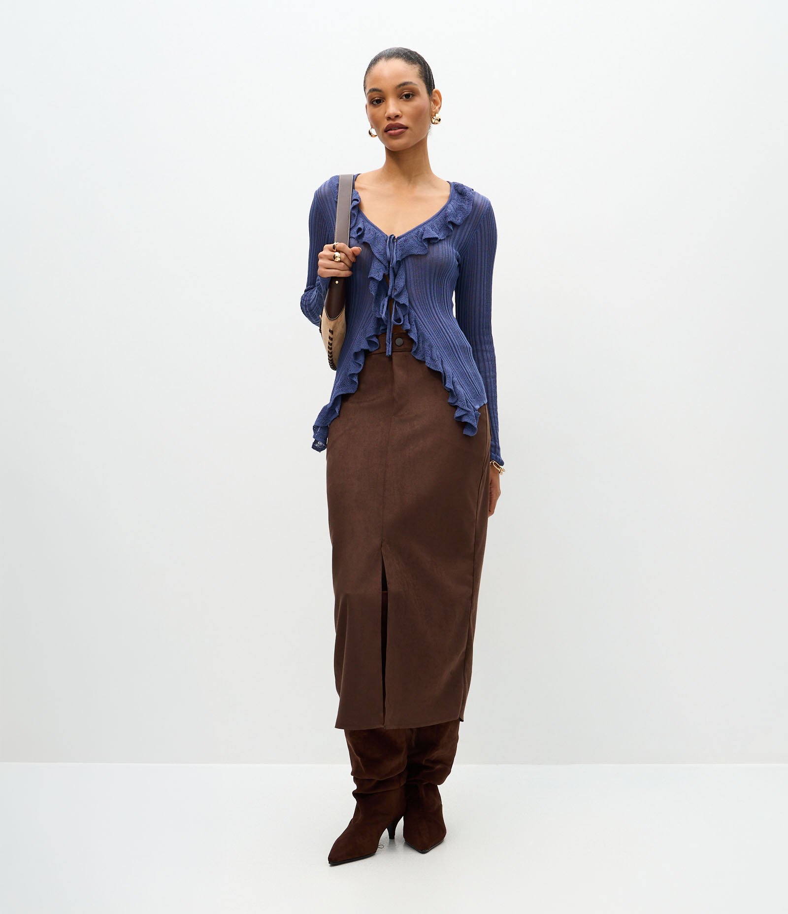 Saia Midi em Suede com Bolsos Marrom 1