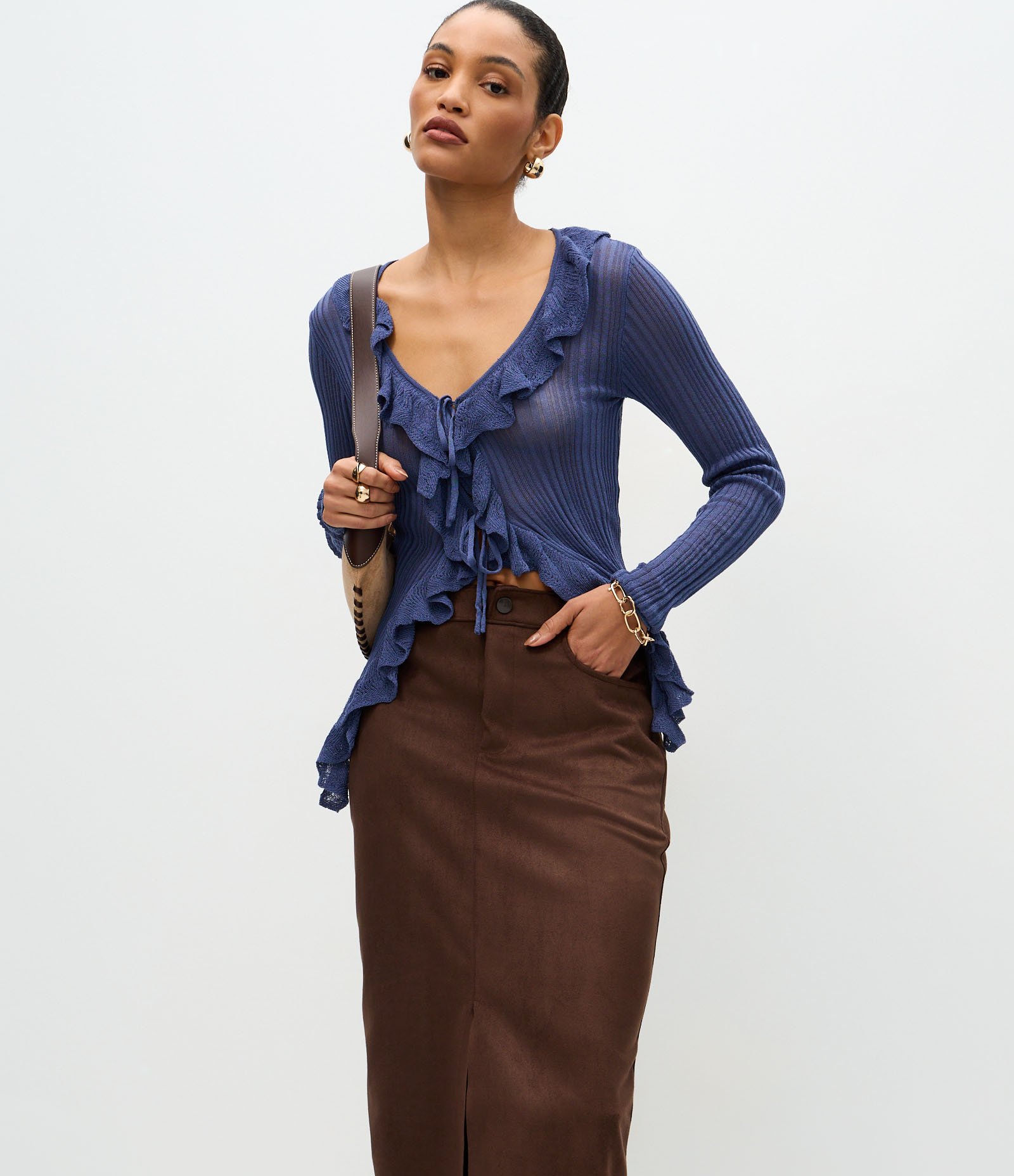 Saia Midi em Suede com Bolsos Marrom 2