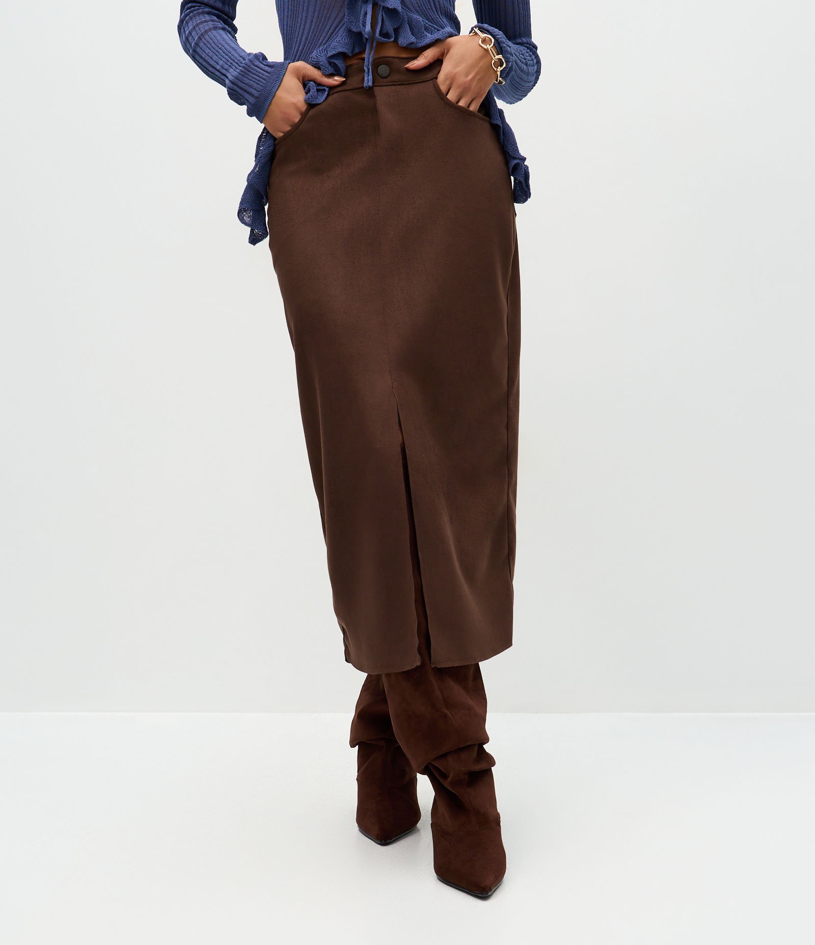 Saia Midi em Suede com Bolsos Marrom 3
