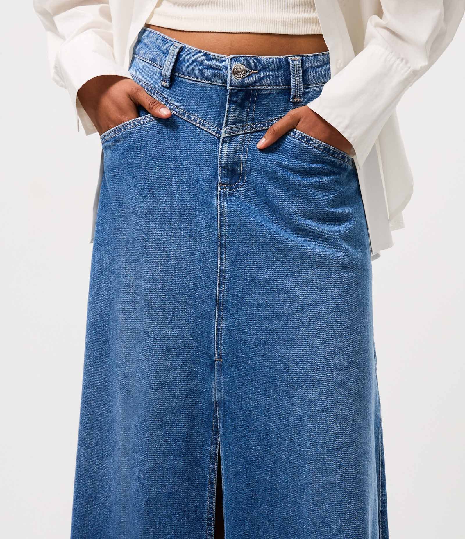 Saia New Midi Jeans com Cintura Baixa Azul 3