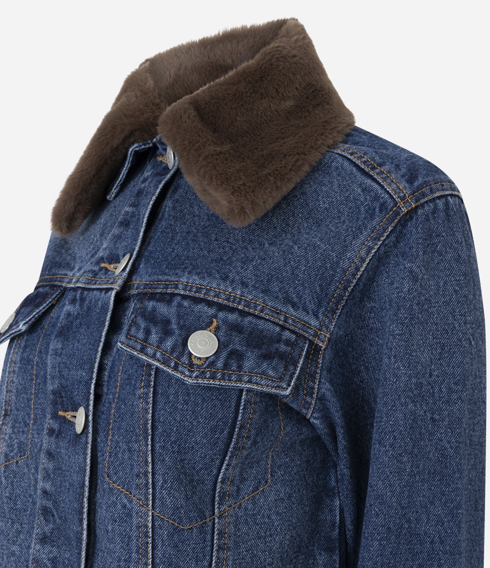 Jaqueta Regular Jeans com Gola em Pelo Azul 7