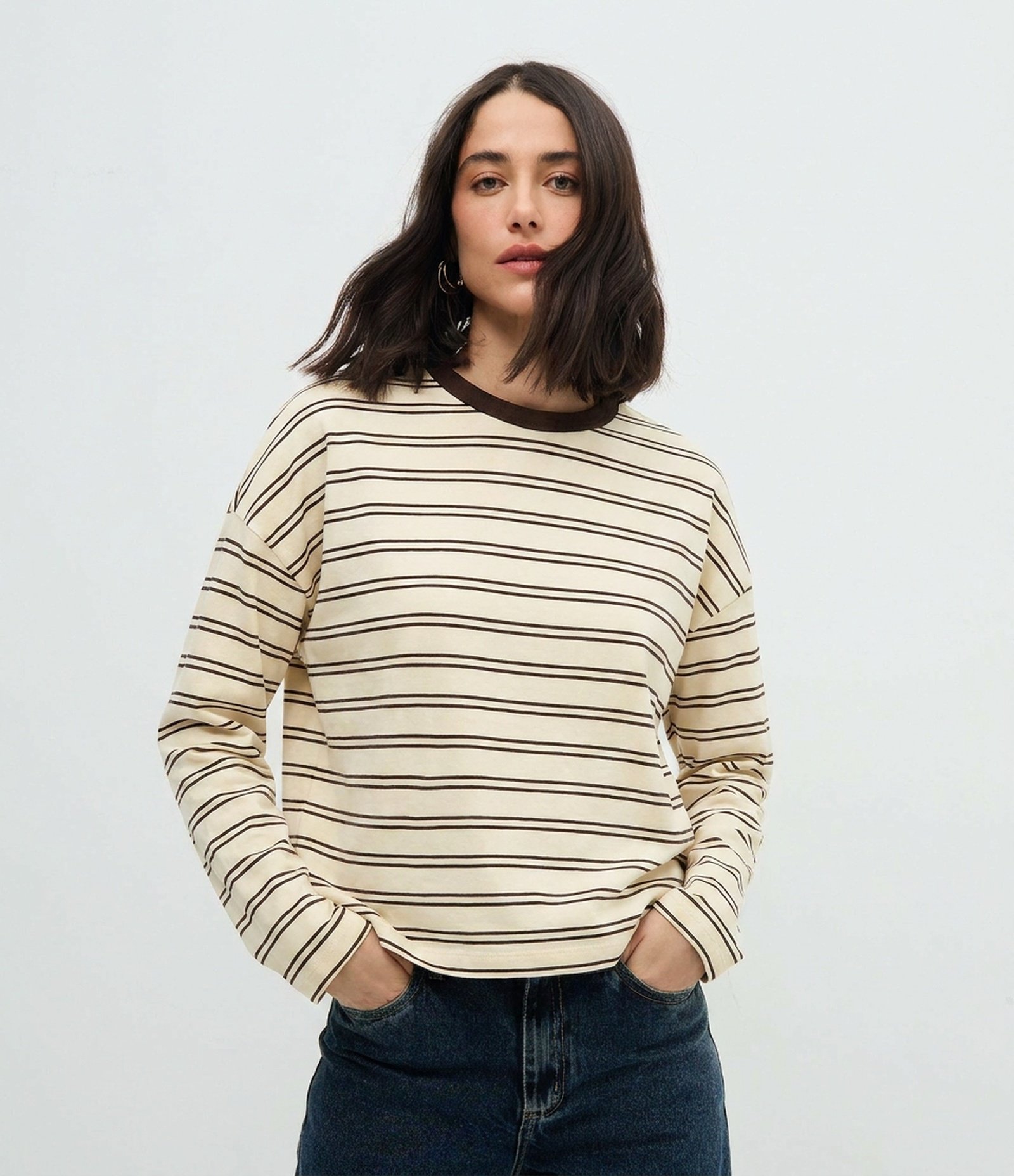 Blusa Oversized em Algodão com Estampa Listrada Amarelo/Marrom 1