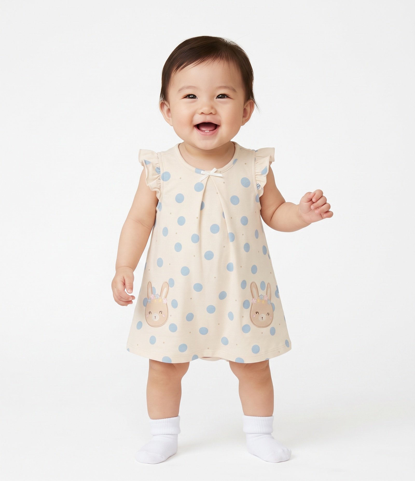Vestido Body Infantil Em Algodão Estampa Poá com Coelhinhas - Tam 0 a 18 Meses Bege 2
