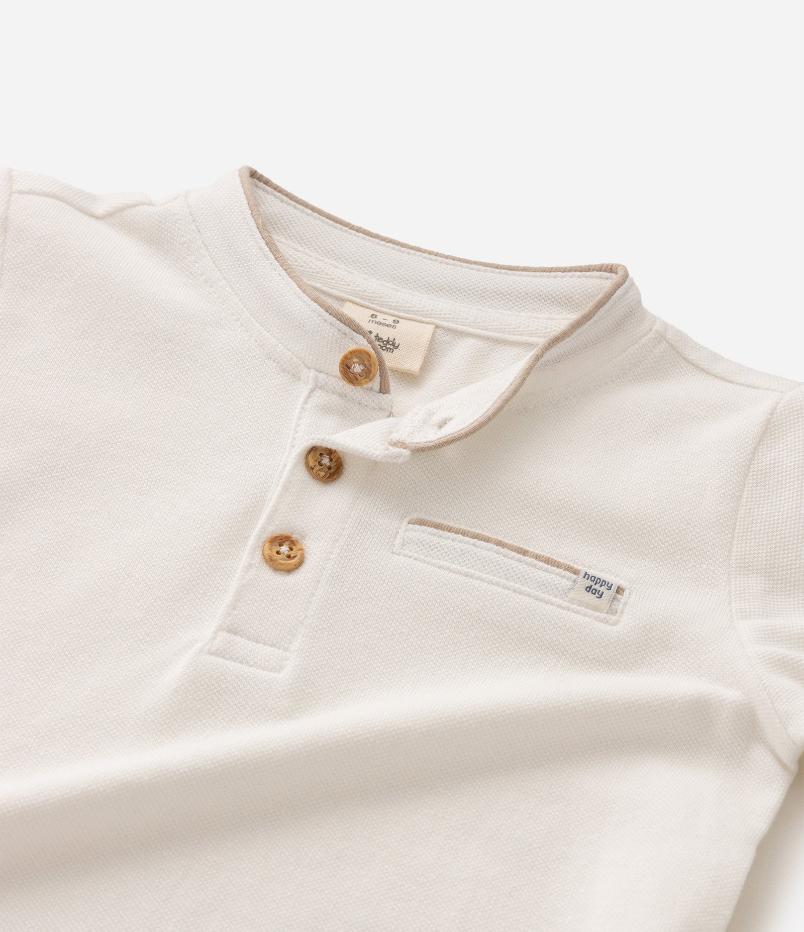 Camiseta Infantil com Gola Henley e Bolsinho - Tam 0 a 18 Meses Branco 6