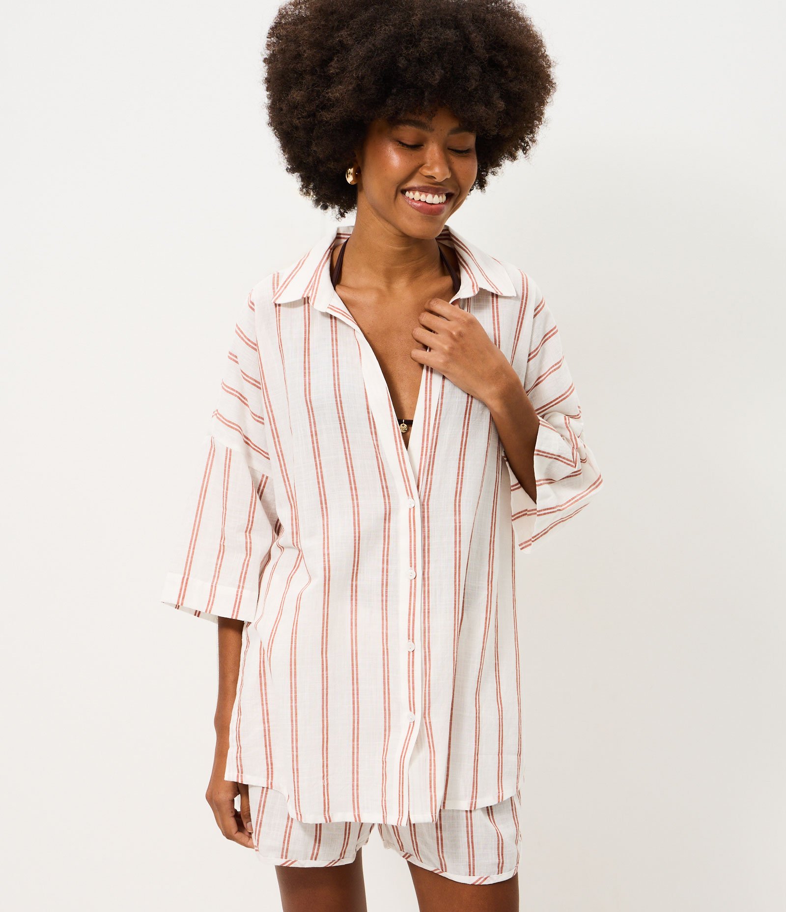 Saída de Praia Bata em Cotton com Estampa de Listras Fio Tinto Branco 1