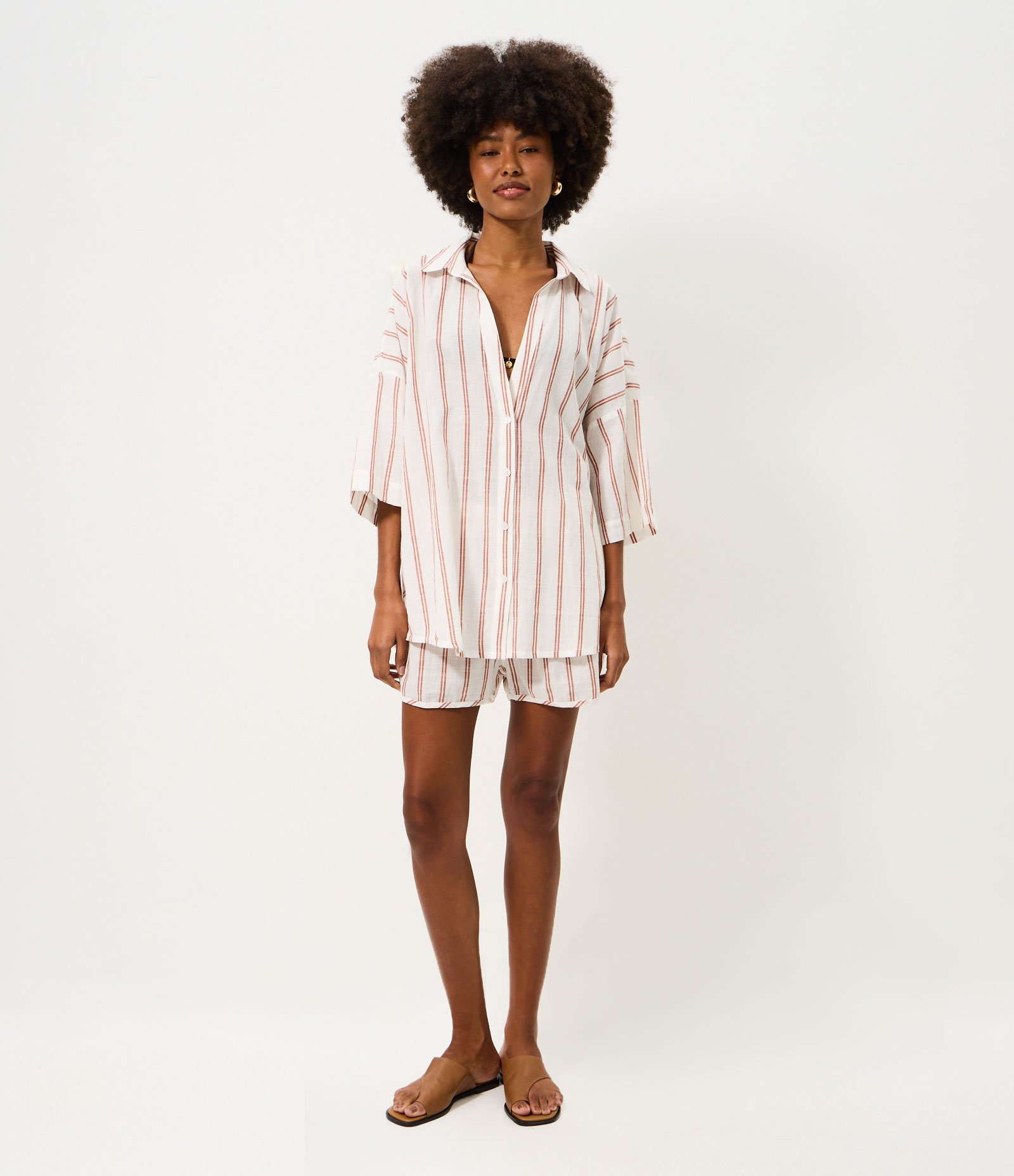 Saída de Praia Bata em Cotton com Estampa de Listras Fio Tinto Branco 2