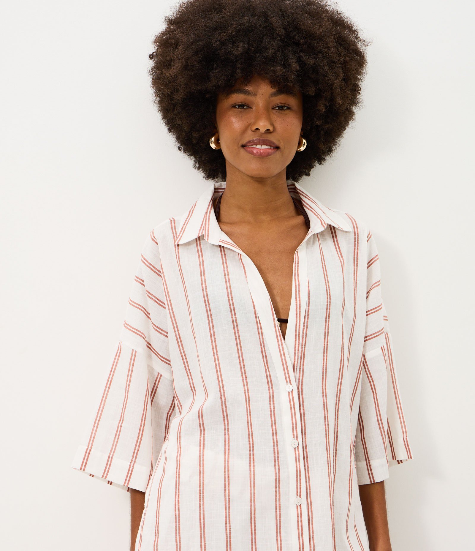 Saída de Praia Bata em Cotton com Estampa de Listras Fio Tinto Branco 3