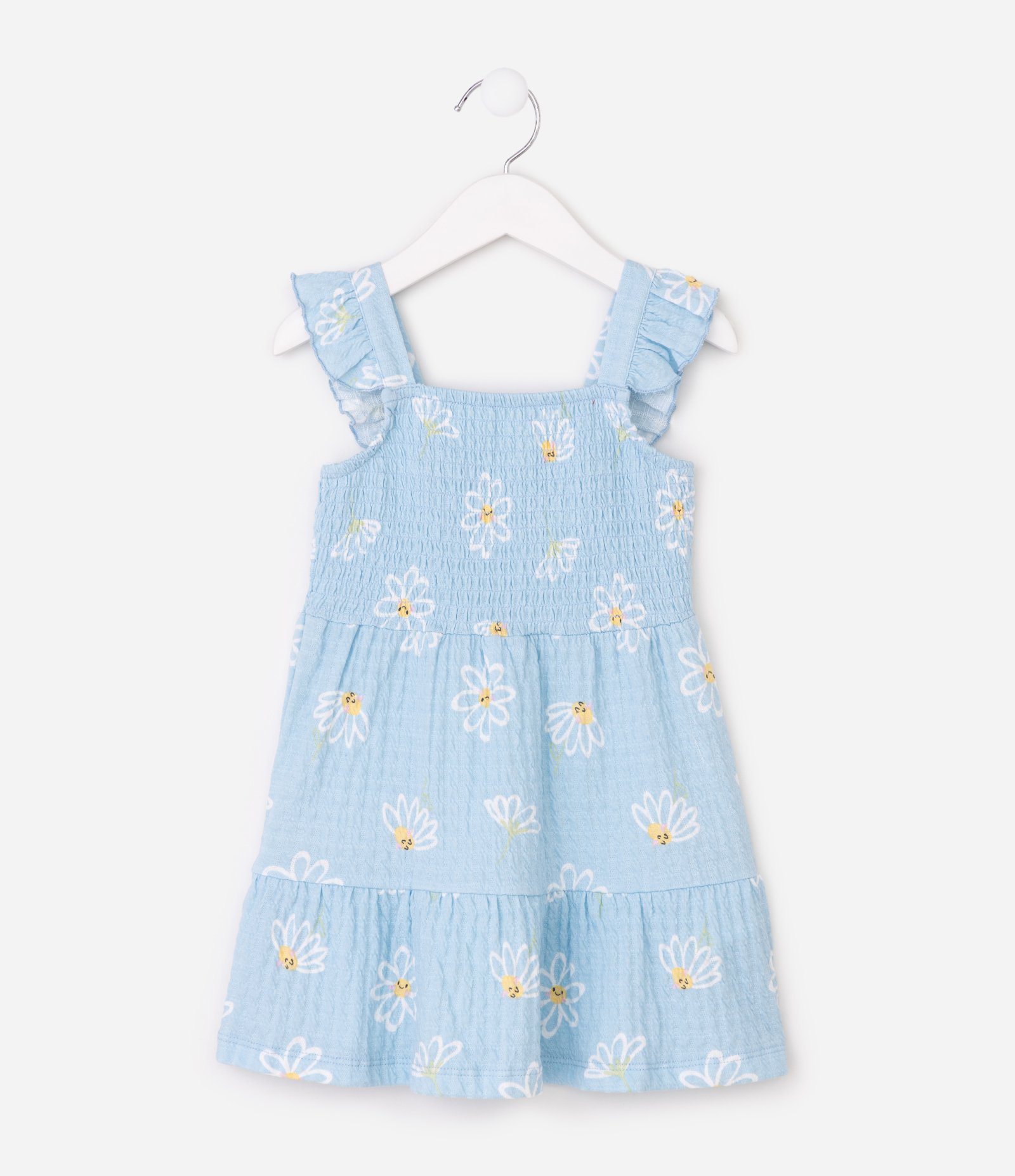Vestido Texturizado Estampa Em florzinha com Lastéx e Babado Na Alça - Tam 1 a 6 Anos Azul 2