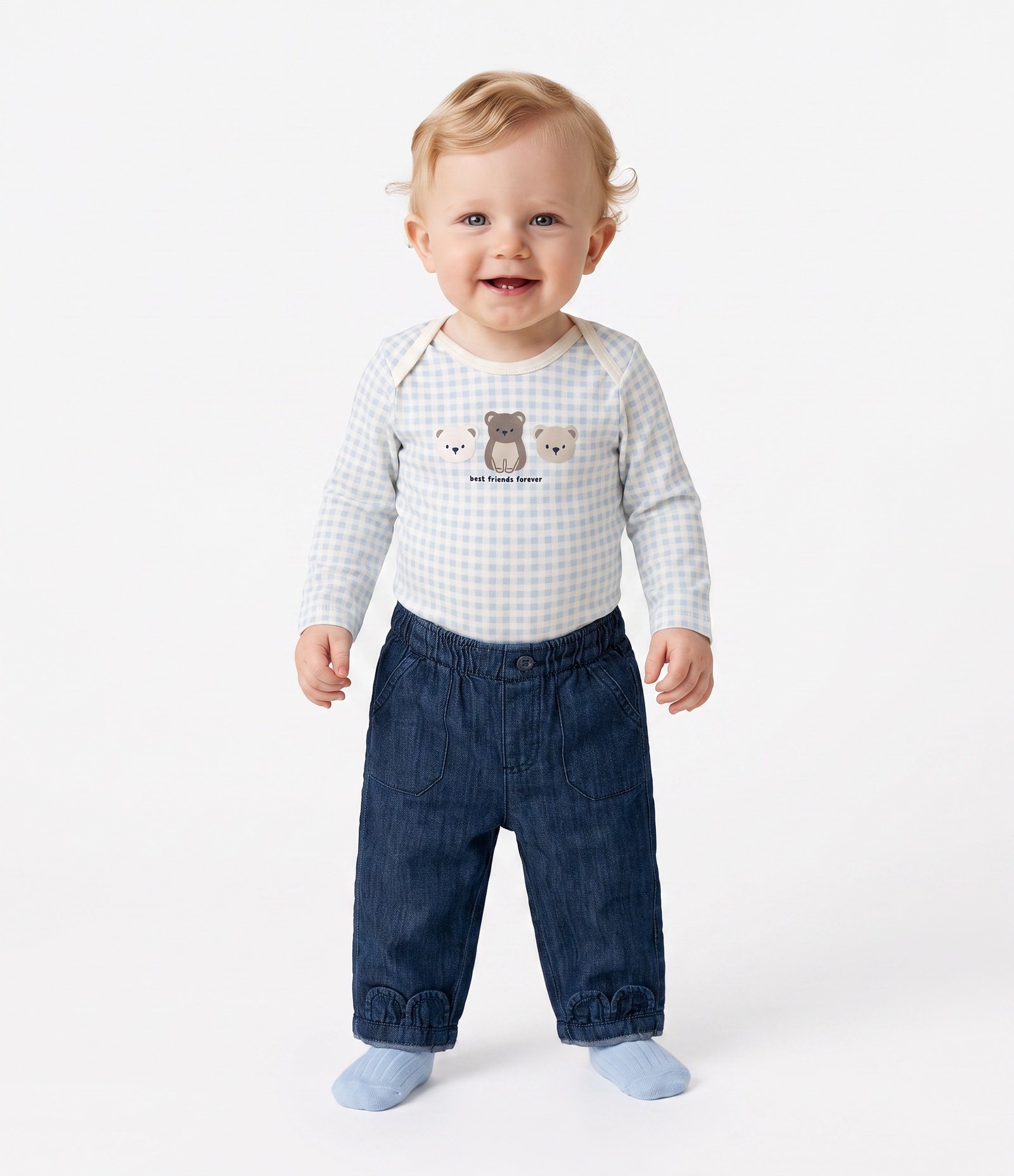 Calça Bebê em Jeans com Bordado de Orelhas nas Barras – Tam 0 a 18 Meses Azul Marinho 1
