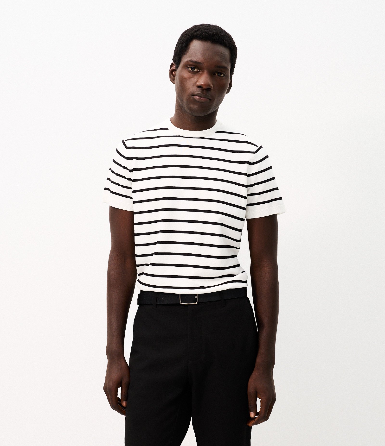 Camiseta Slim em Tricô Listrada Branco 1