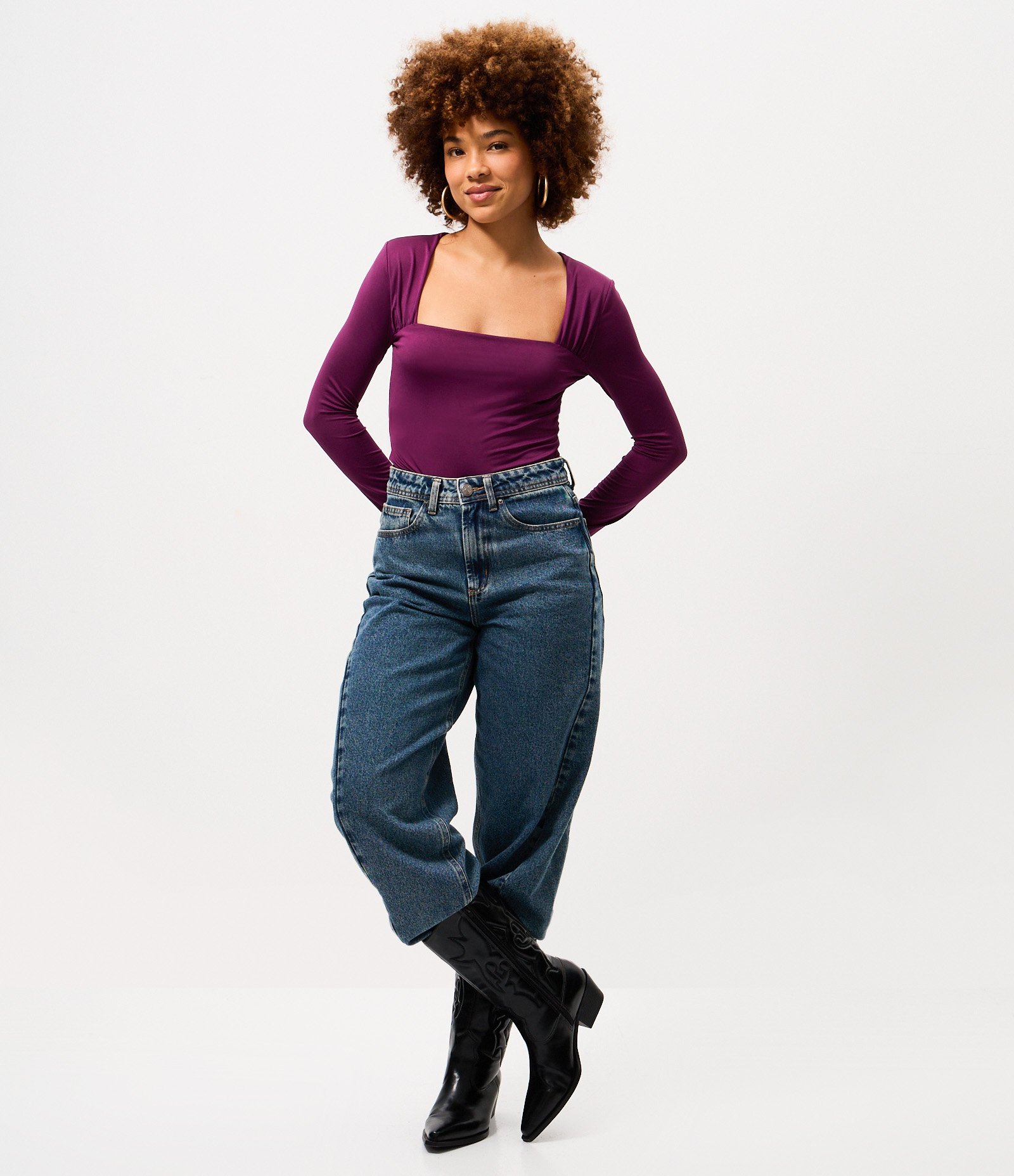 Body Manga Longa em Microfibra com Decote Quadrado Roxo 2