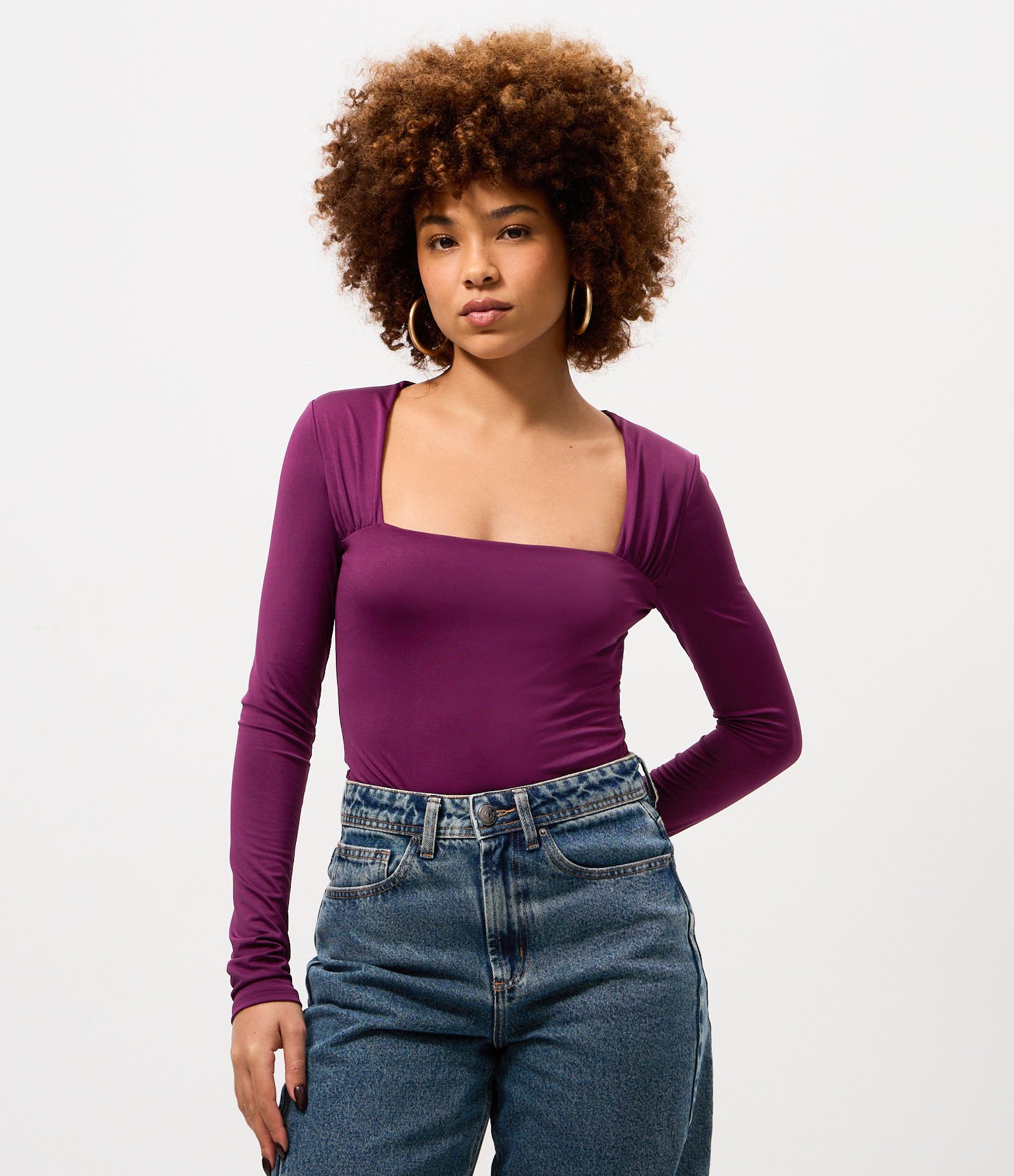 Body Manga Longa em Microfibra com Decote Quadrado Roxo 3