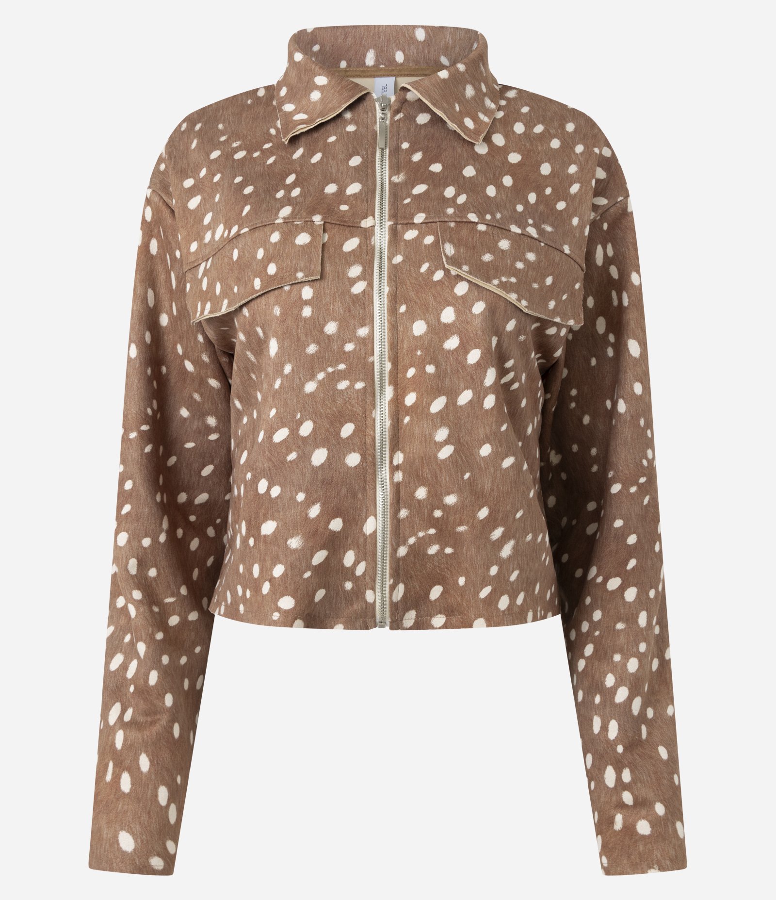 Jaqueta Suede Animal Print Bambi com Zíper Marrom 1