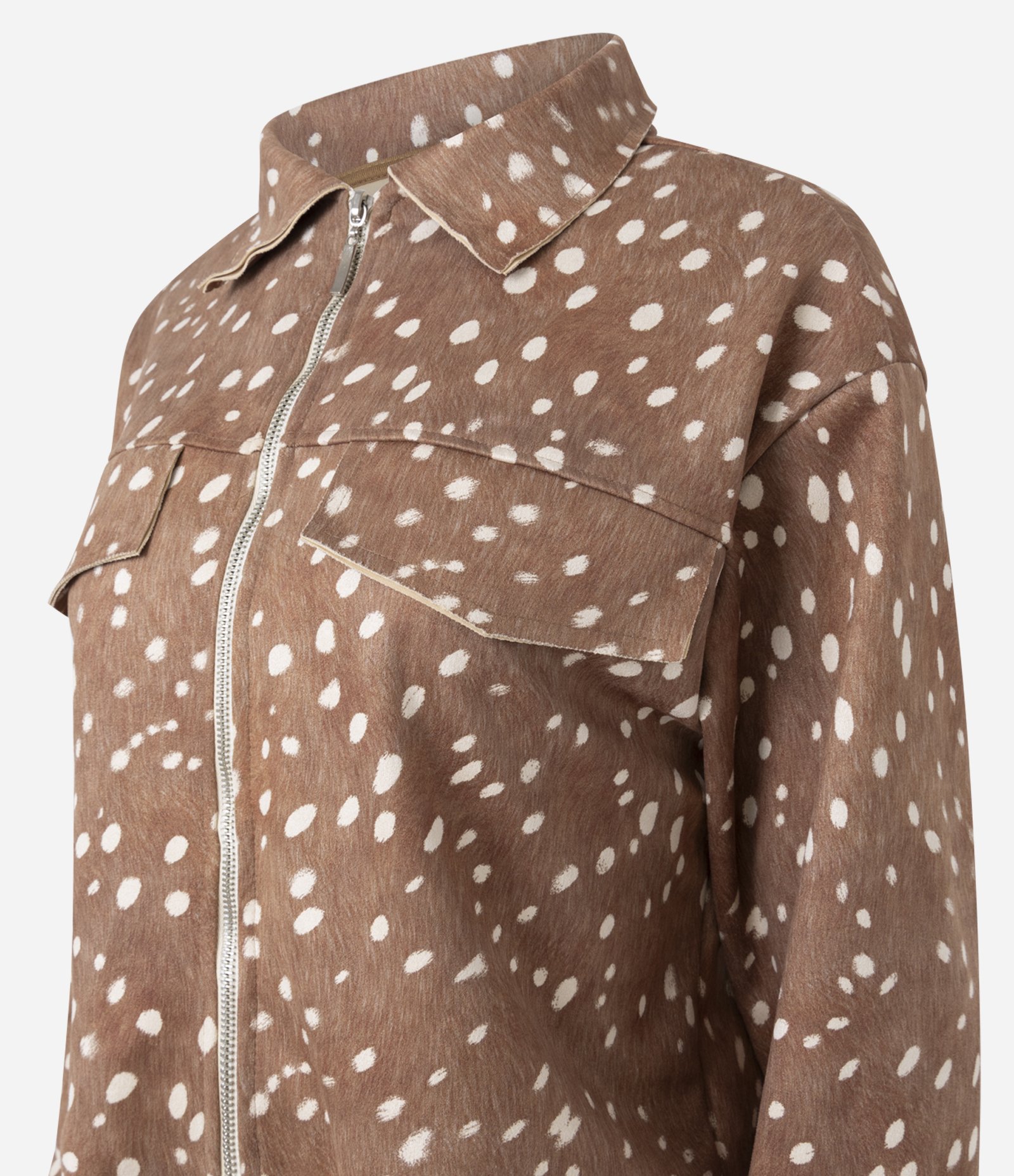 Jaqueta Suede Animal Print Bambi com Zíper Marrom 2