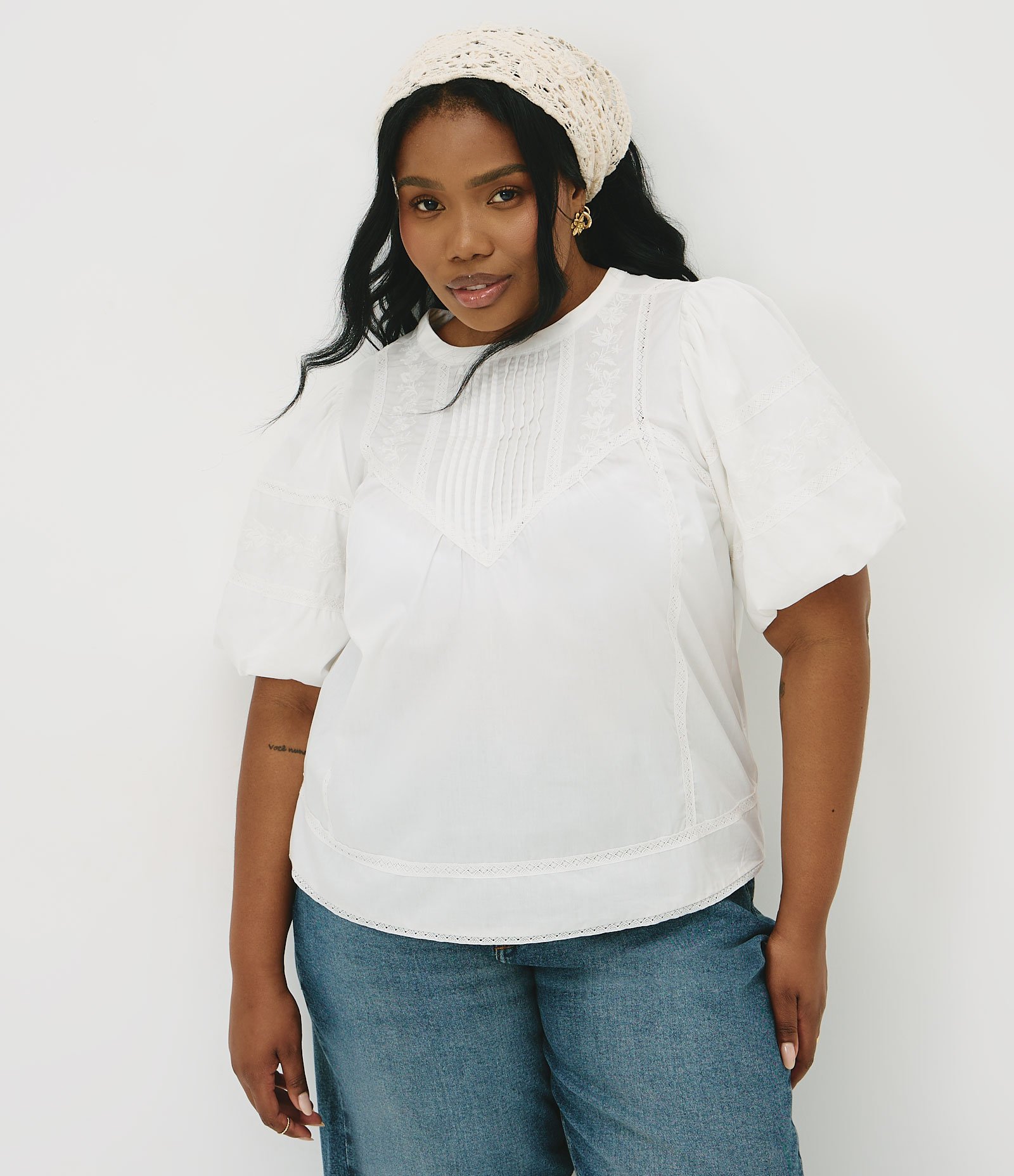 Blusa Regular em Algodão com Entremeios Curve & Plus Size Branco 1