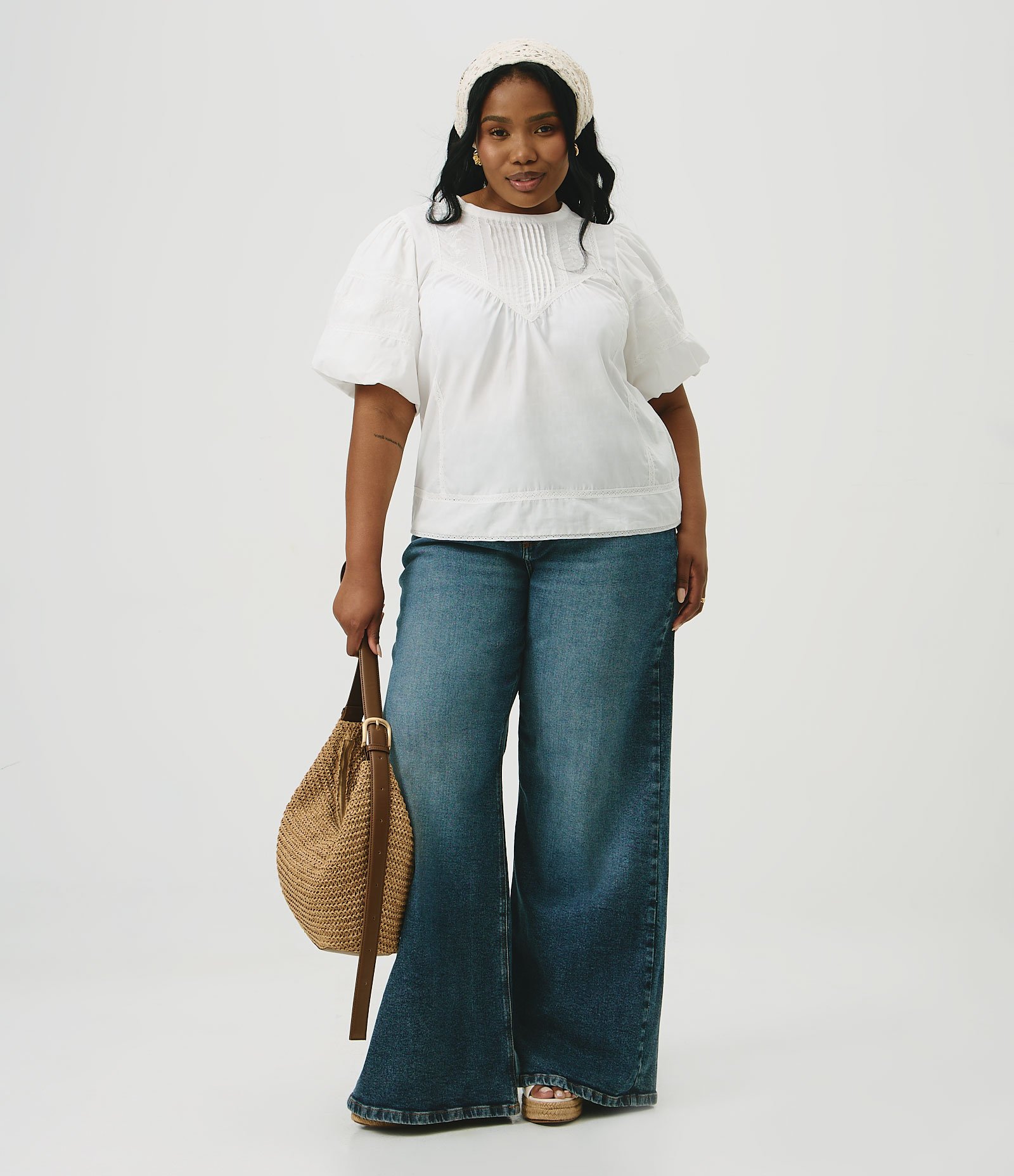 Blusa Regular em Algodão com Entremeios Curve & Plus Size Branco 2