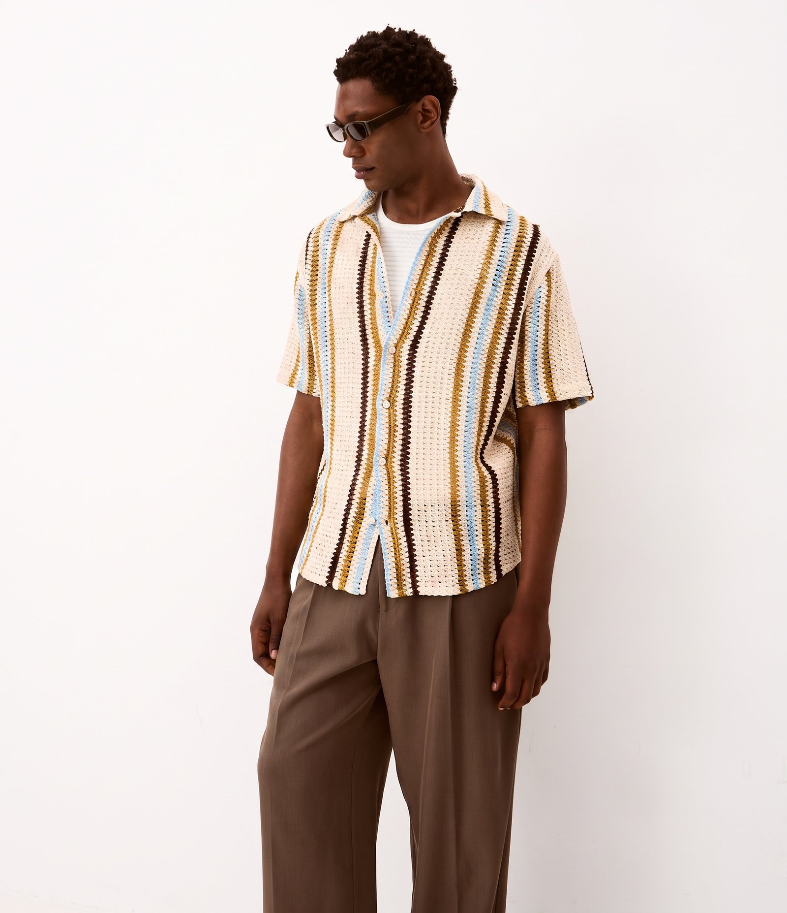 Camisa em Crochê Rustico com Textura e Listras Contrastantes Amarelo 1