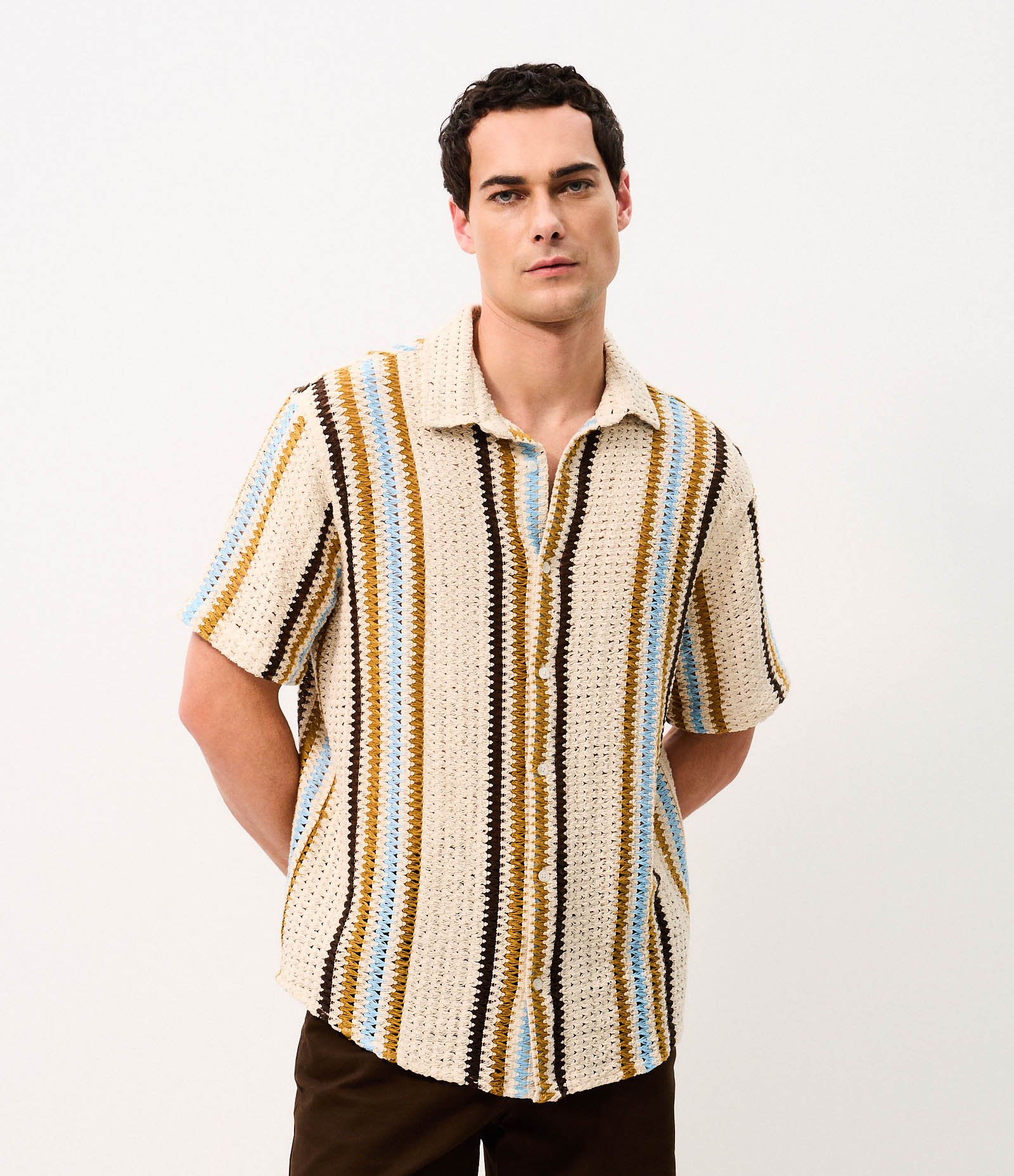 Camisa em Crochê Rustico com Textura e Listras Contrastantes Amarelo 3