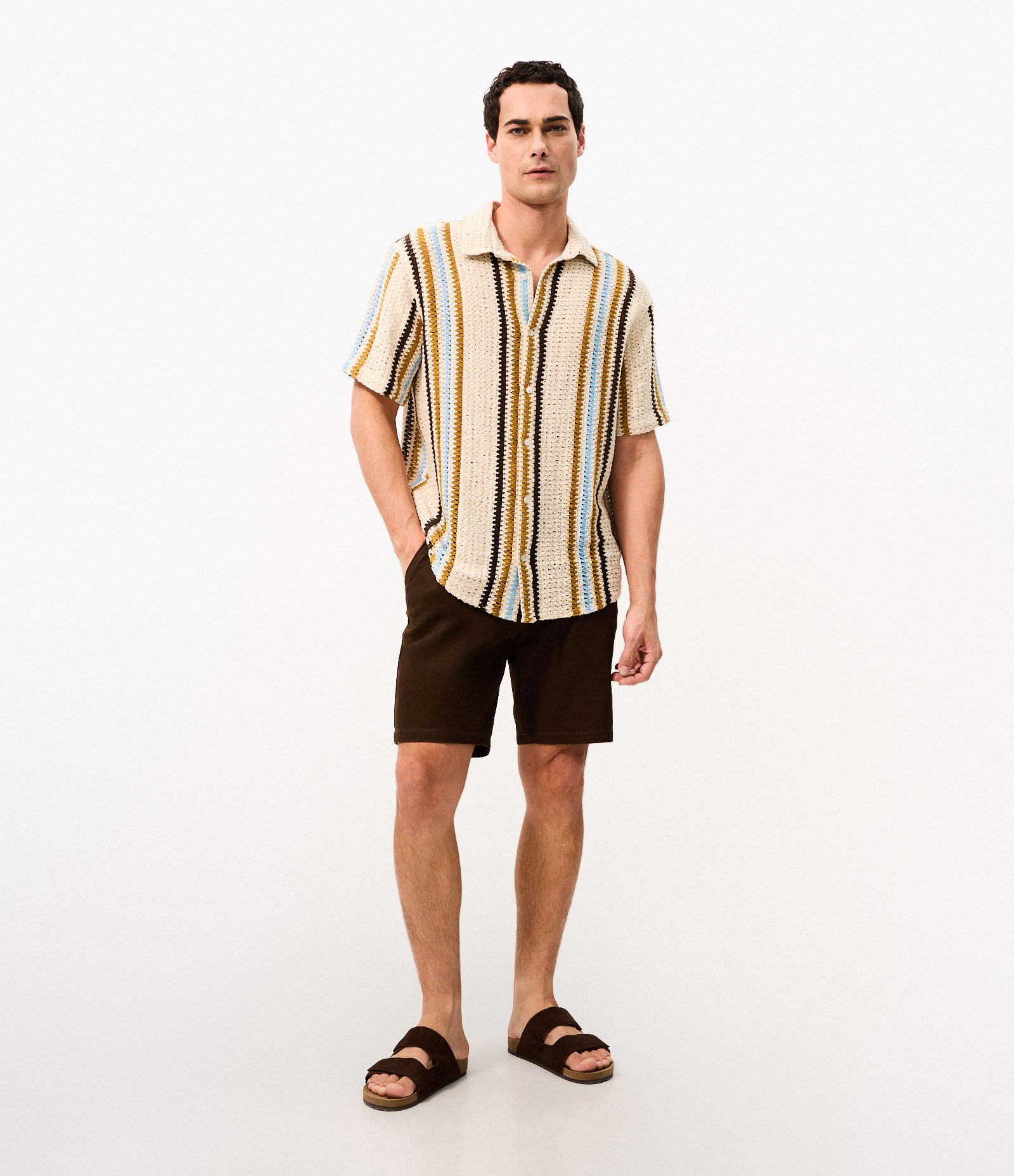 Camisa em Crochê Rustico com Textura e Listras Contrastantes Amarelo 4