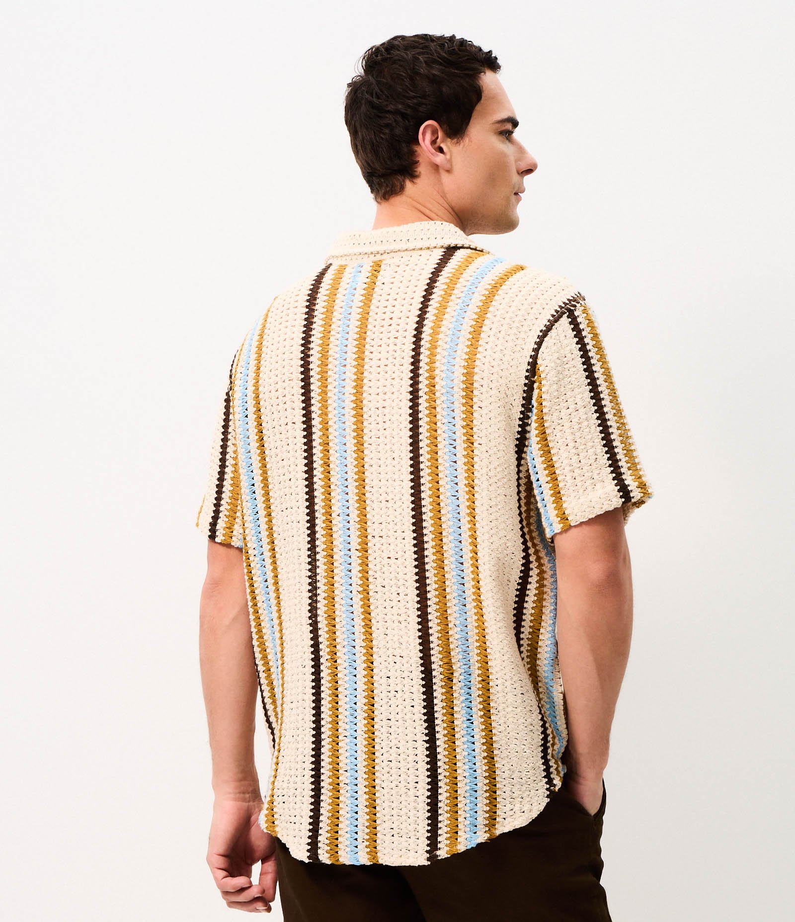 Camisa em Crochê Rustico com Textura e Listras Contrastantes Amarelo 5