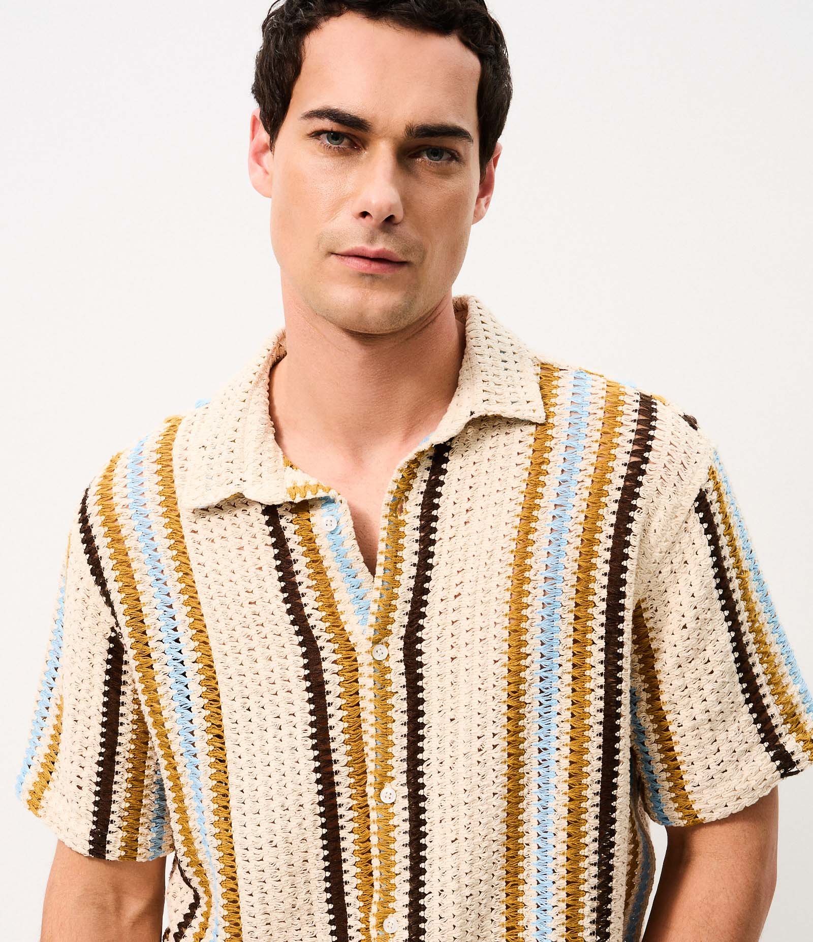 Camisa em Crochê Rustico com Textura e Listras Contrastantes Amarelo 6